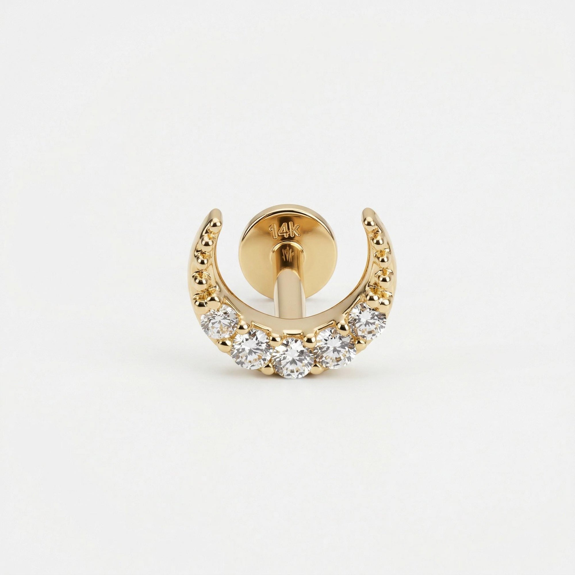 Cz Crescent Moon Earring 14k Solid Gold, Internally Threaded Flat Back Cartilage Earring - Melt'm Jewelry