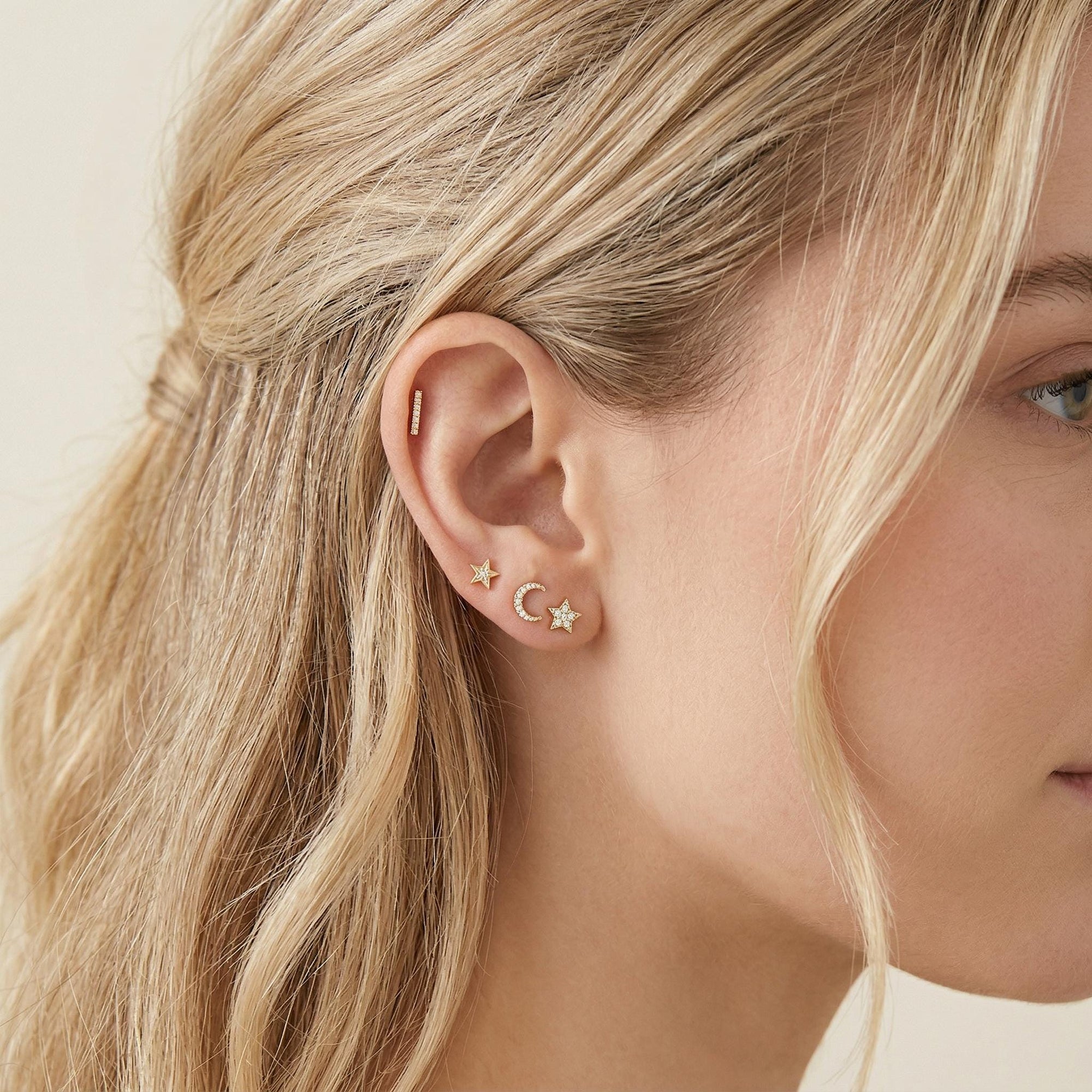 Cz Crescent Moon Earring 14k Solid Gold, Internally Threaded Flat Back Cartilage Earring - Melt'm Jewelry