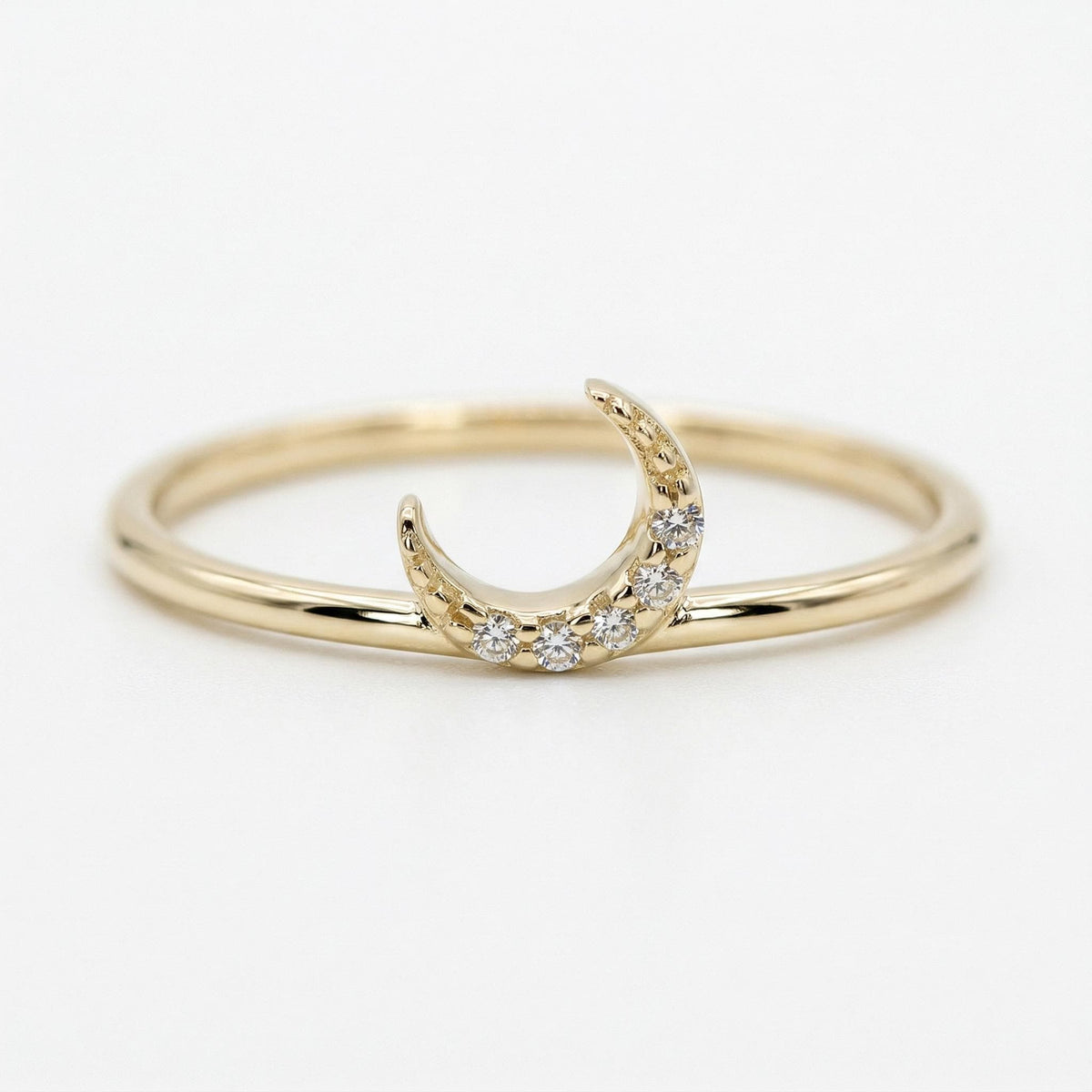 14k solid gold crescent moon ring with pave diamonds, dainty celestial stackable ring for everyday wear, minimalist diamond ring gift for her