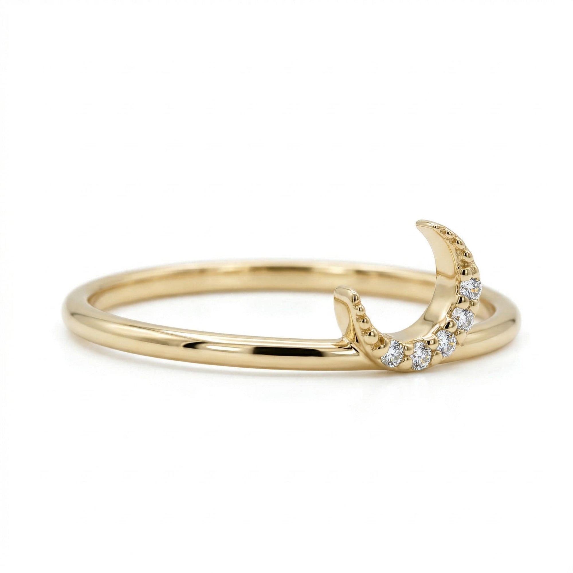 Genuine Diamond Crescent Moon Ring in 14k Gold