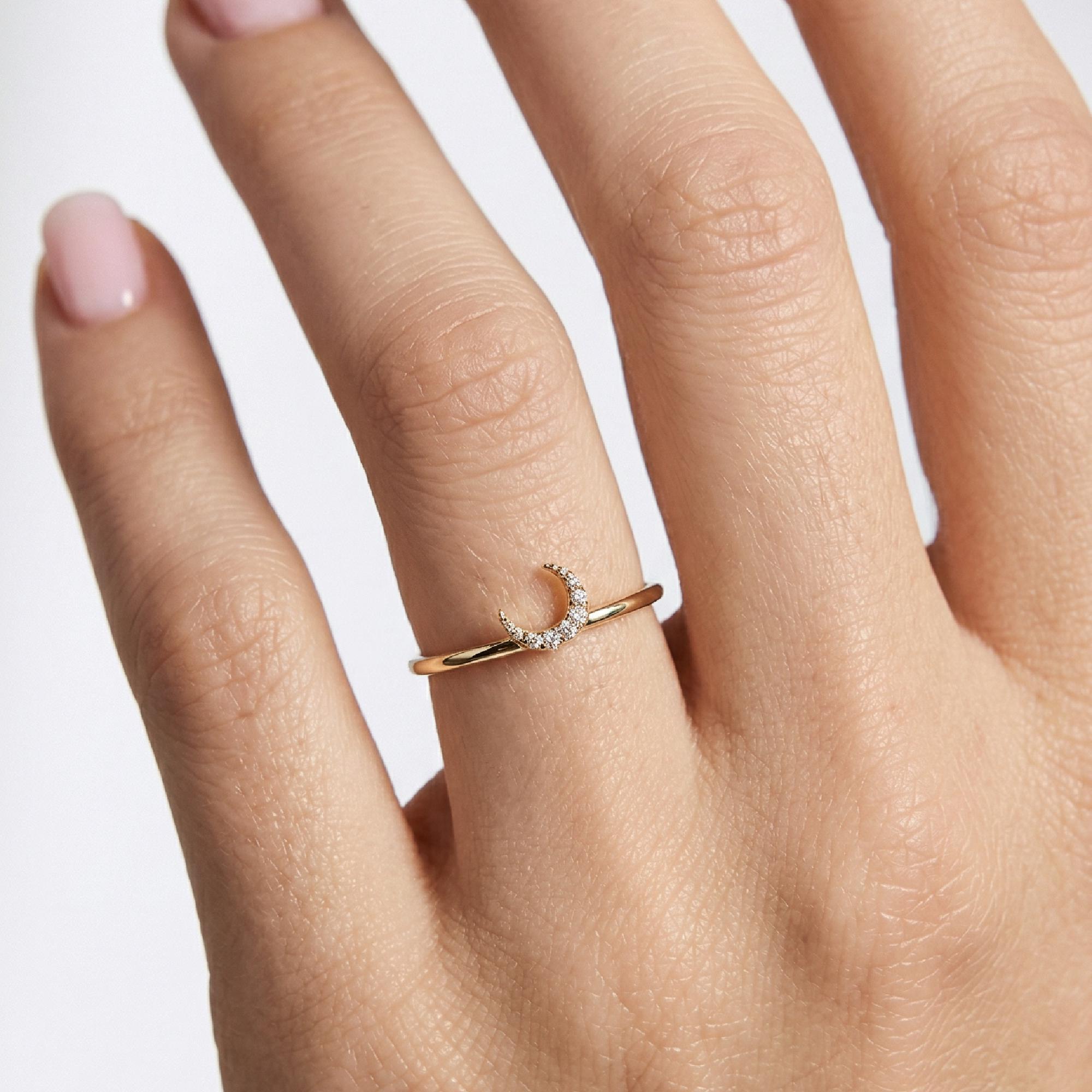 Genuine Diamond Crescent Moon Ring in 14k Gold