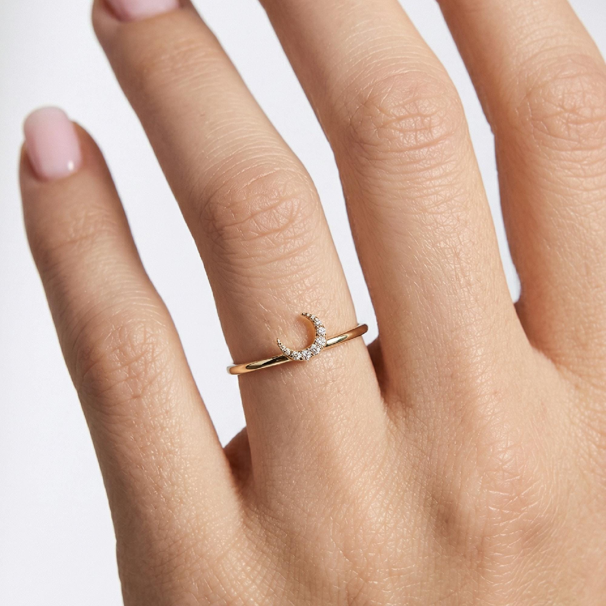 Genuine Diamond Crescent Moon Ring in 14k Gold - Melt'm Jewelry