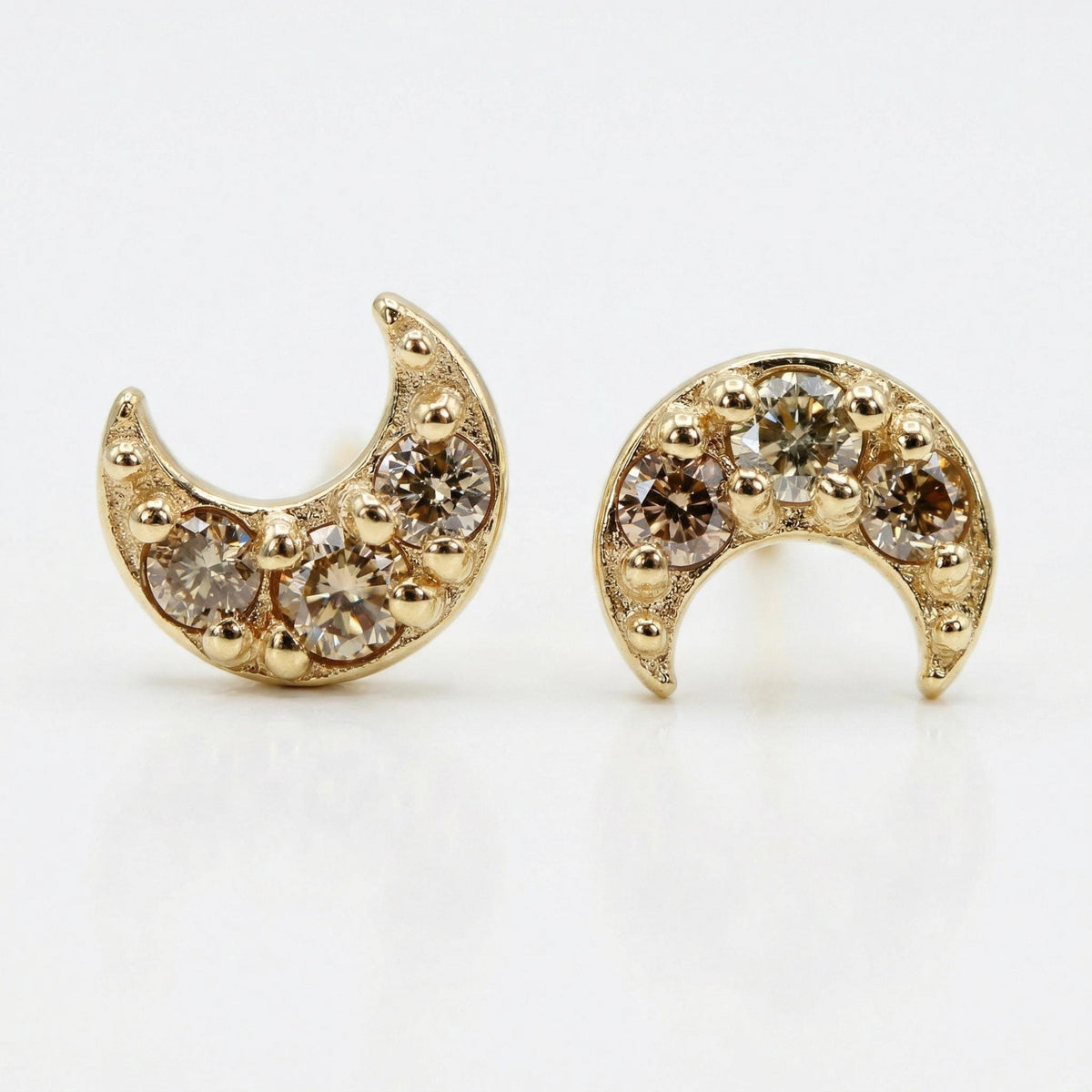 14k solid gold champagne diamond crescent moon stud earrings, tiny celestial gold earrings, dainty minimalist handmade jewelry gift for her