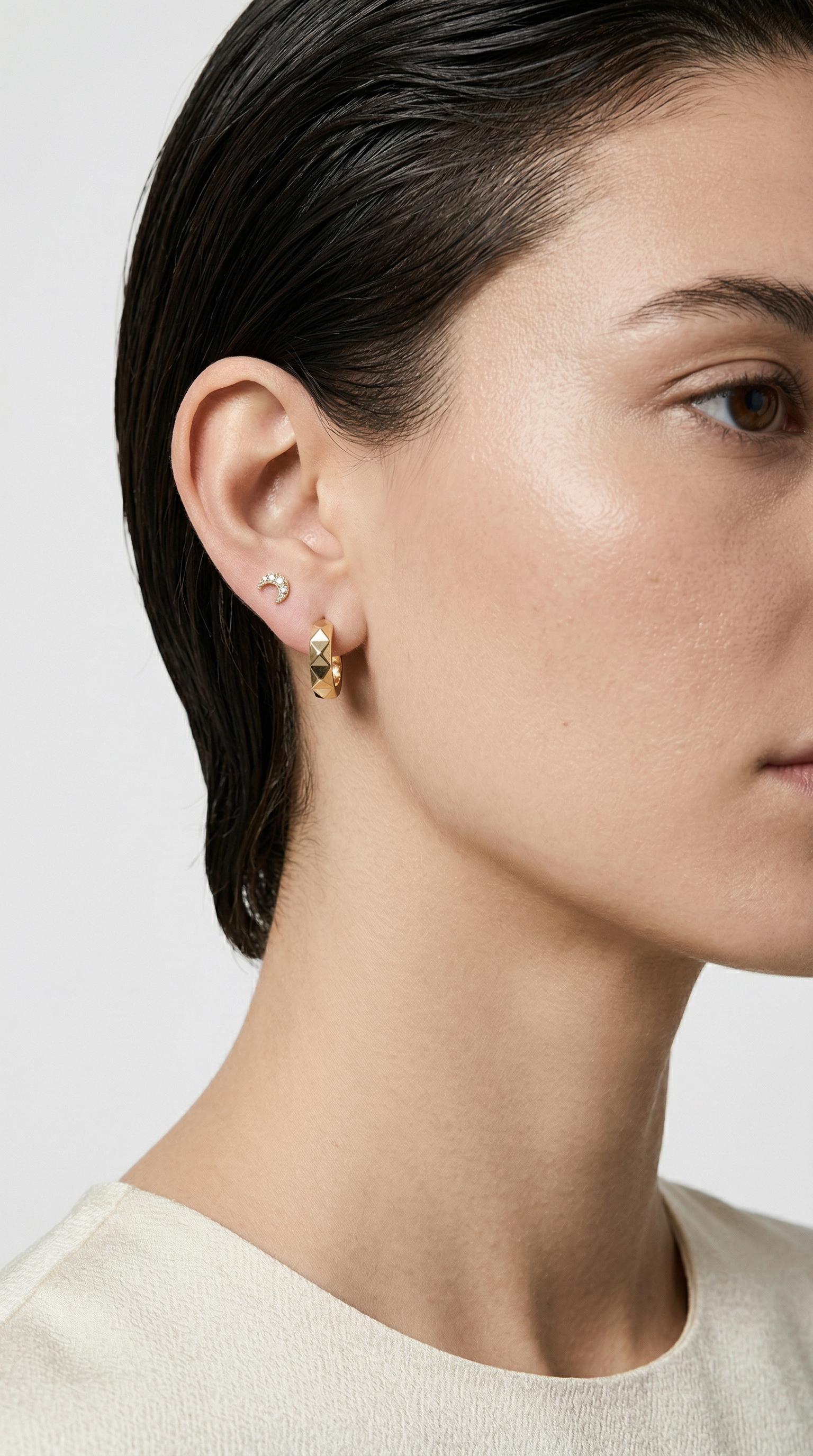 Champagne Diamond Crescent Moon Earrings 14k Solid Gold, Tiny Sailor Moon Studs, Celestial Jewelry Gift (Pair)