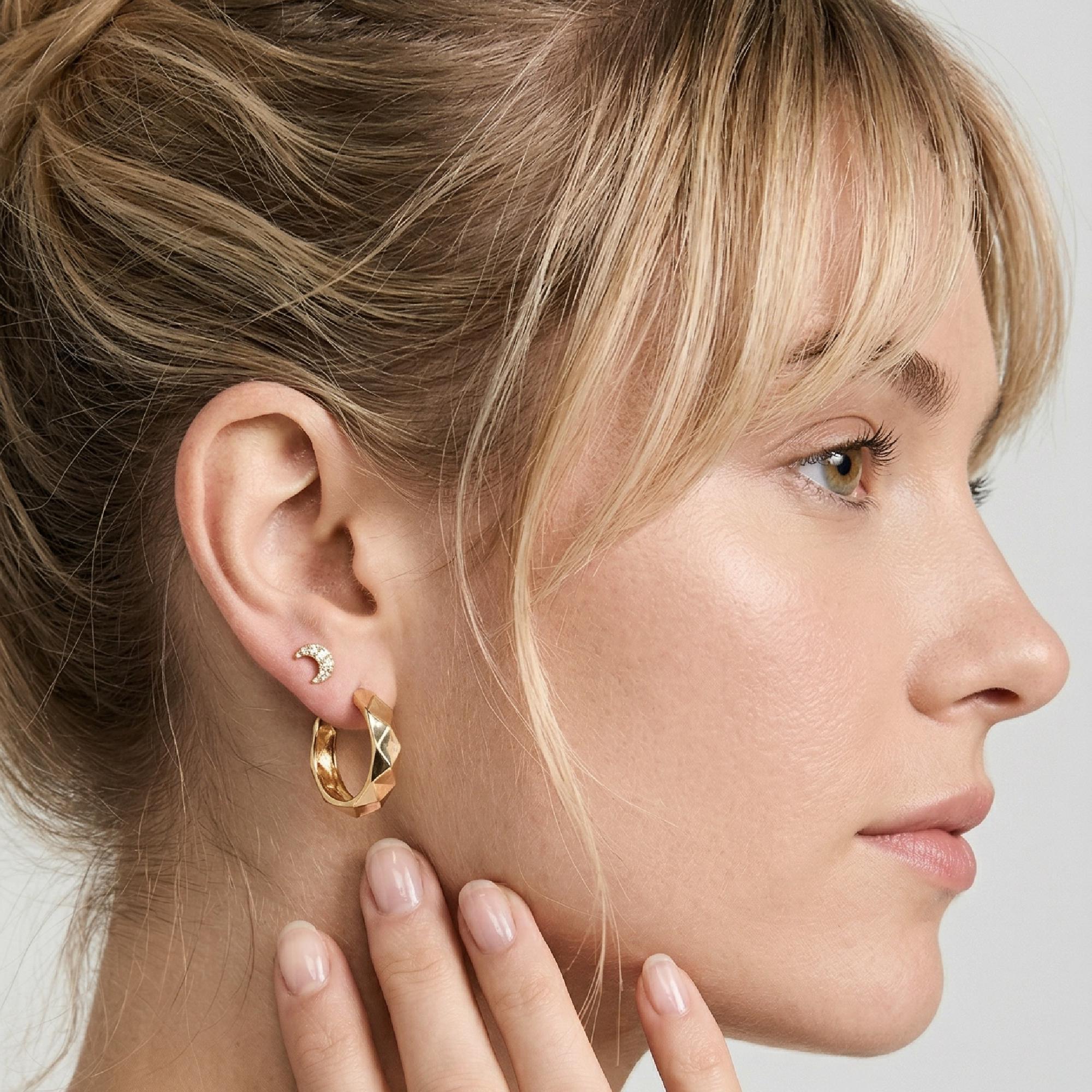 Champagne Diamond Crescent Moon Earrings 14k Solid Gold, Tiny Sailor Moon Studs, Celestial Jewelry Gift (Pair)