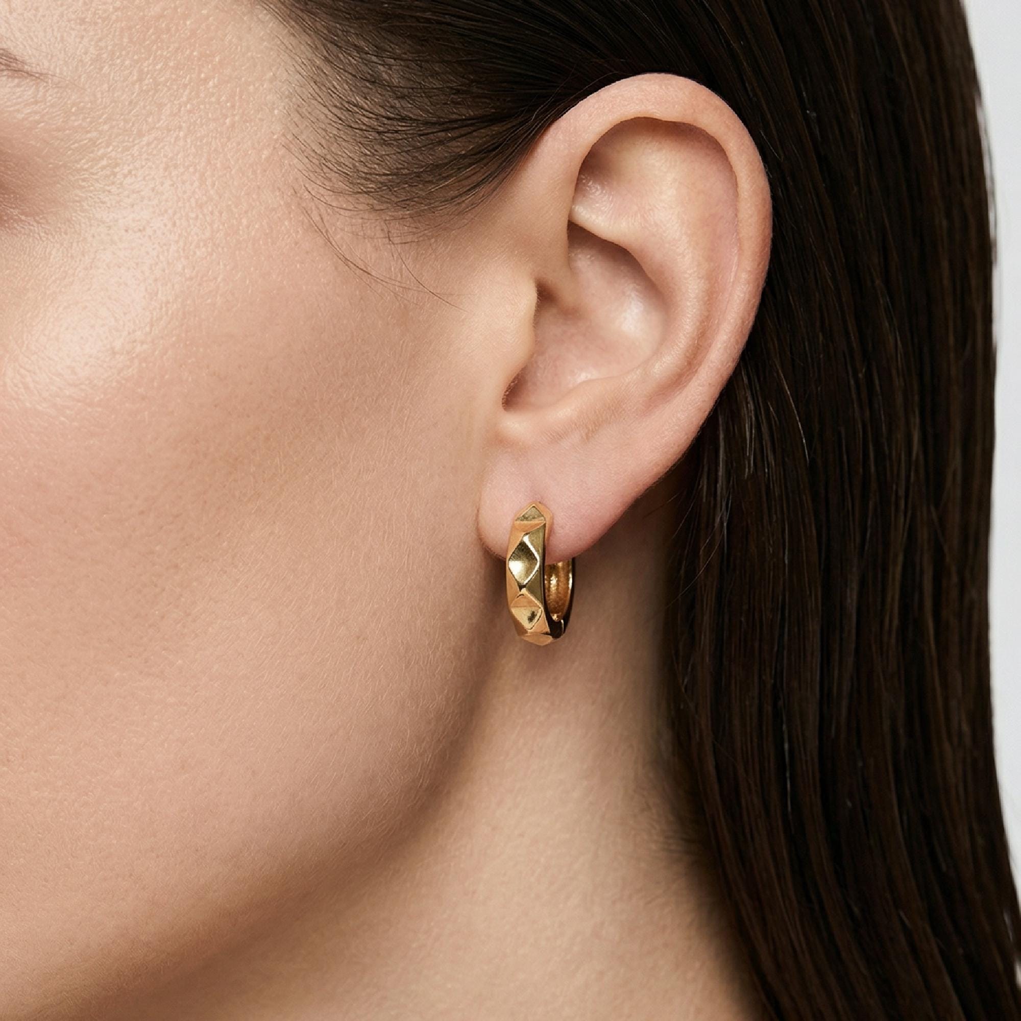 Geometric Textured Gold Huggies 14k Solid Gold - Melt'm Jewelry