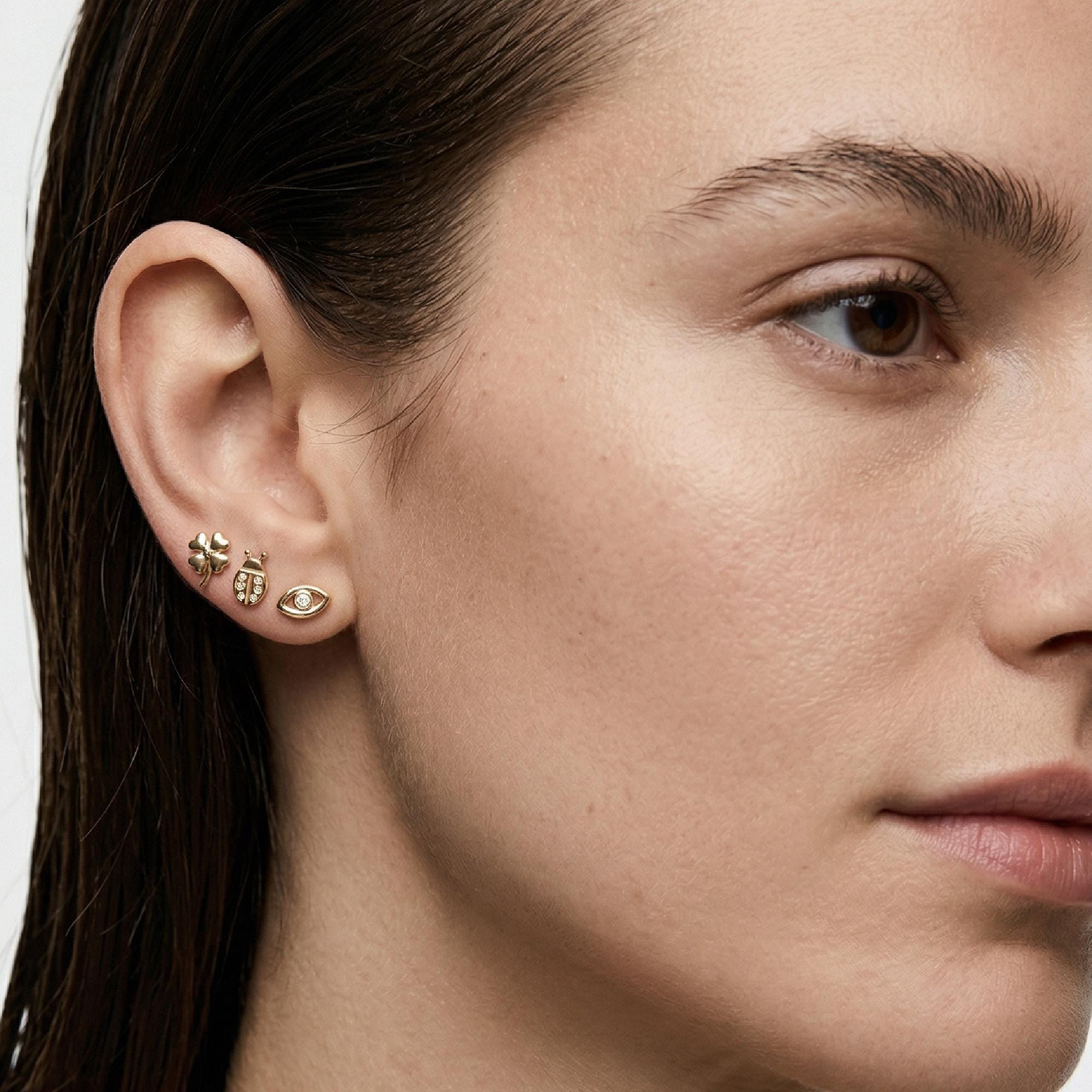 Ladybug Flat Back Earrings 14k Solid Gold, Lady Bird Stack Earrings in 14k Solid Gold - Melt'm Jewelry