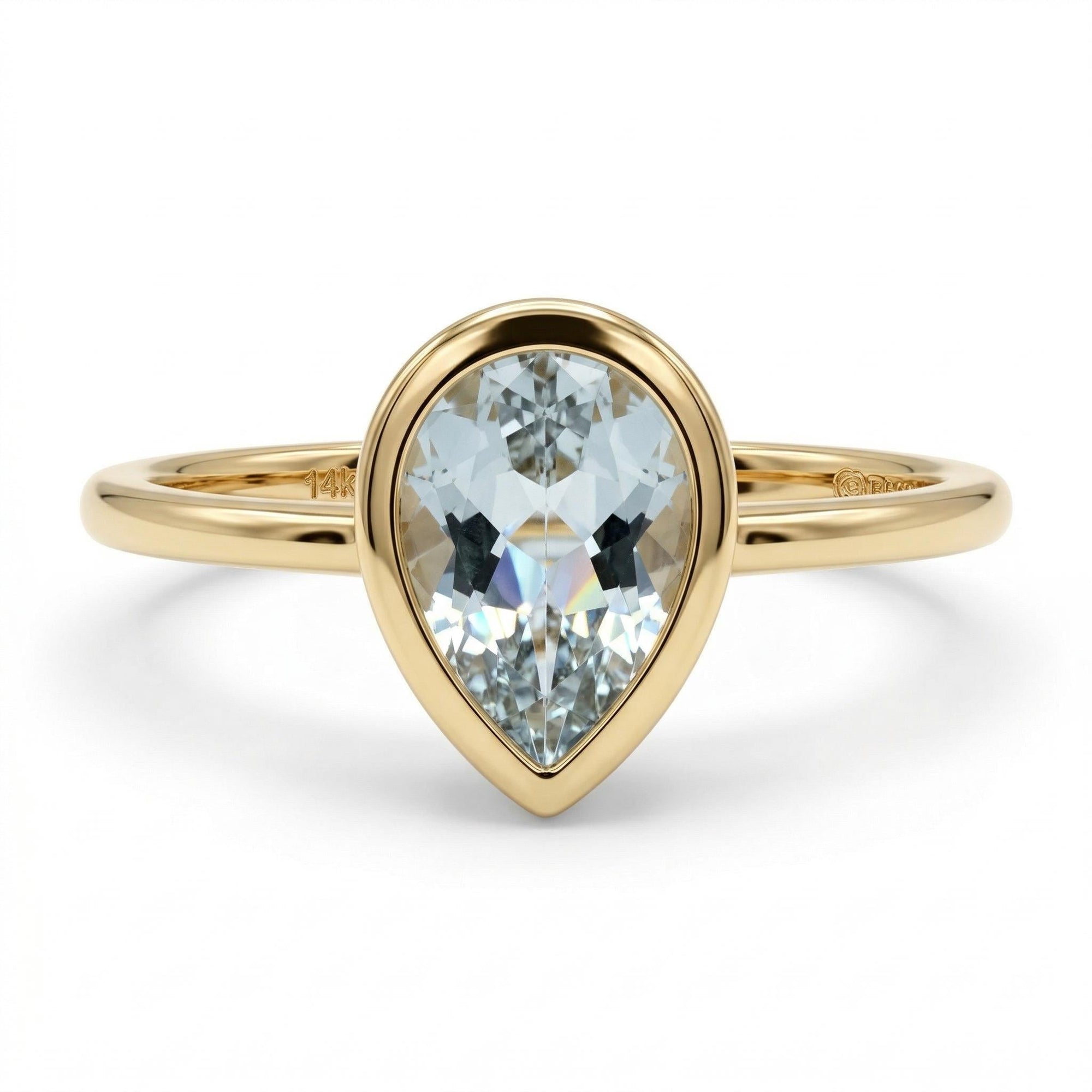 Bezel Set Pear Cut Aquamarine Ring in 14k Gold - Melt'm Jewelry