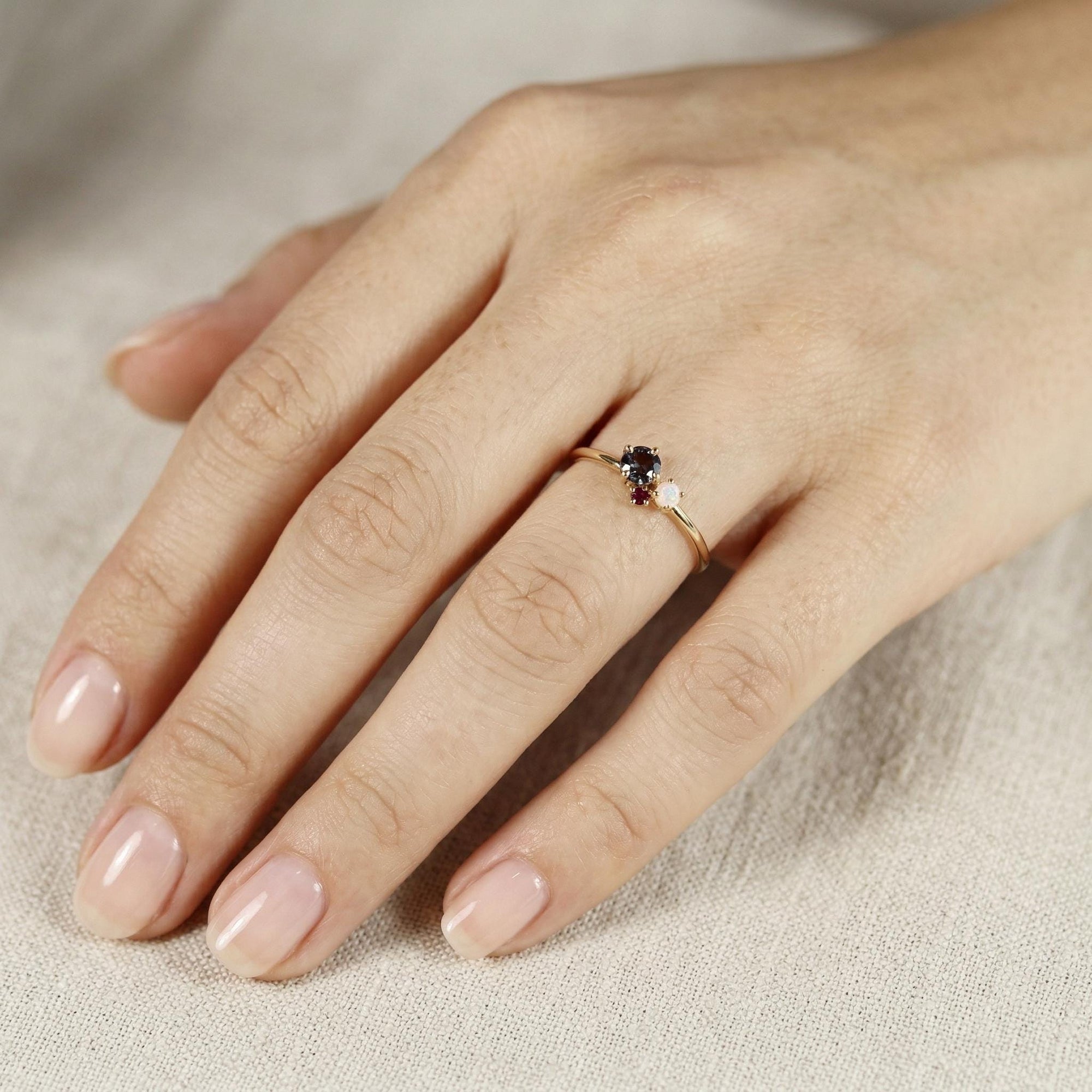 Dainty Cluster Gemstone Promise Ring with Alexandrite, Opal, Ruby - Melt'm Jewelry