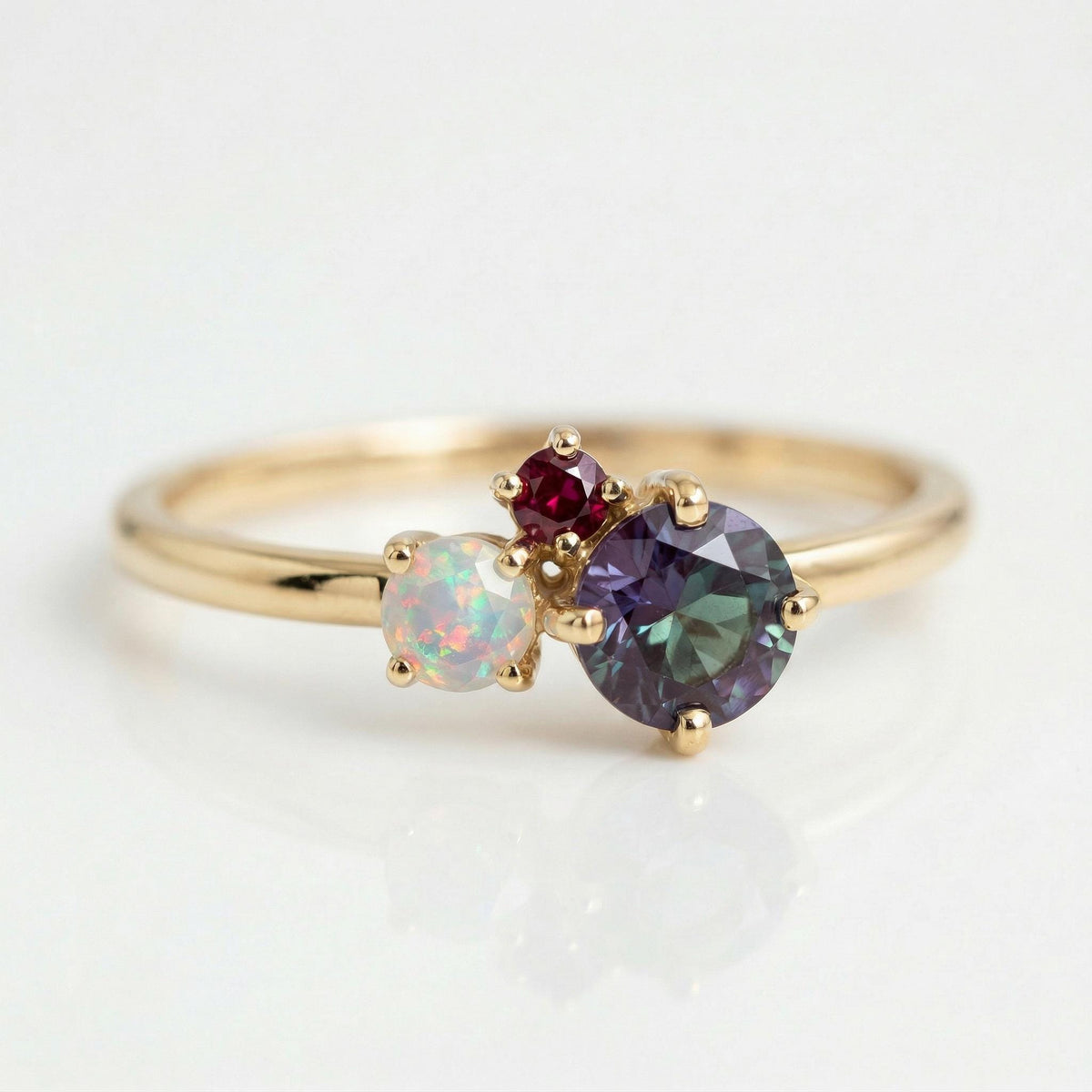 Dainty 14k gold cluster ring with alexandrite, opal, and ruby gemstones, minimalist birthstone promise ring, delicate handmade fine jewelry gift for her