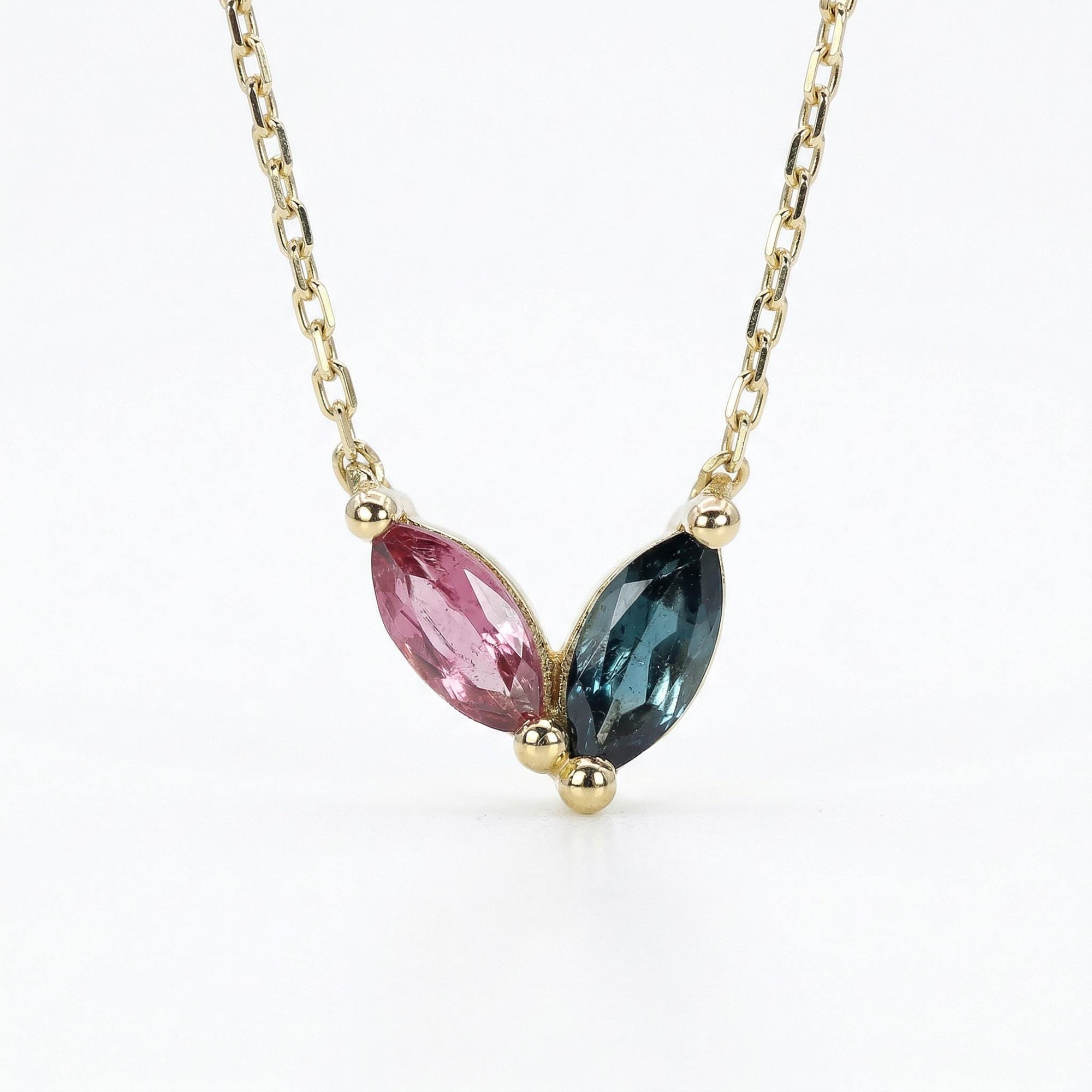 Marquise Pink Tourmaline and Green Tourmaline Necklace 14k Solid Gold - Melt'm Jewelry
