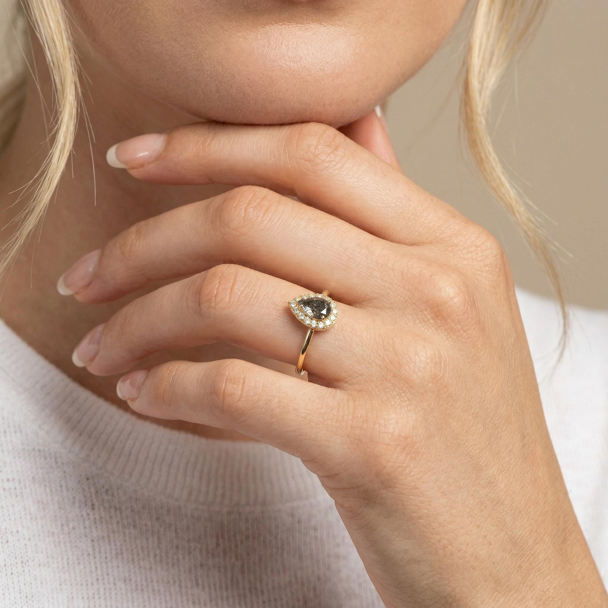 Pear Salt and Pepper Diamond Ring 14k Gold – Rose Cut Black Diamond Halo Ring, Unique Engagement Ring, Anniversary Gift - Melt'm Jewelry
