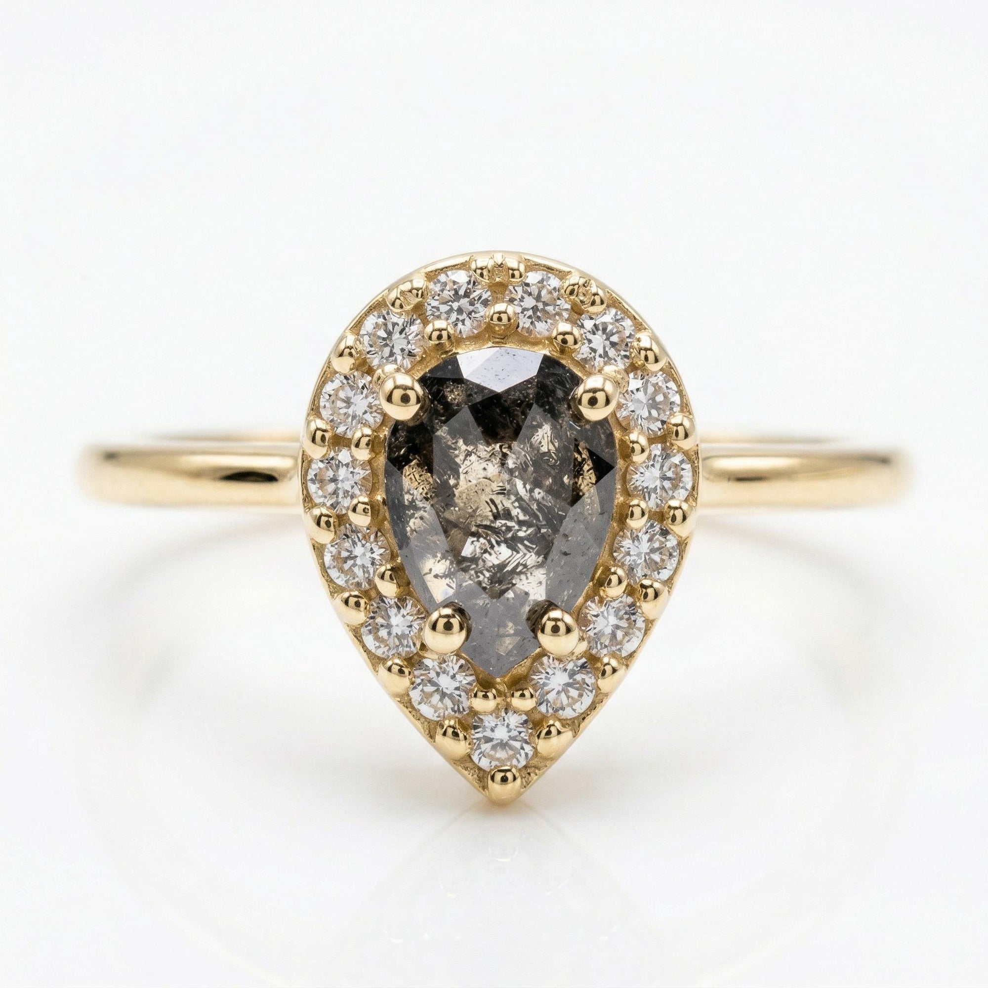 Pear Salt and Pepper Diamond Ring 14k Gold – Rose Cut Black Diamond Halo Ring, Unique Engagement Ring, Anniversary Gift - Melt'm Jewelry