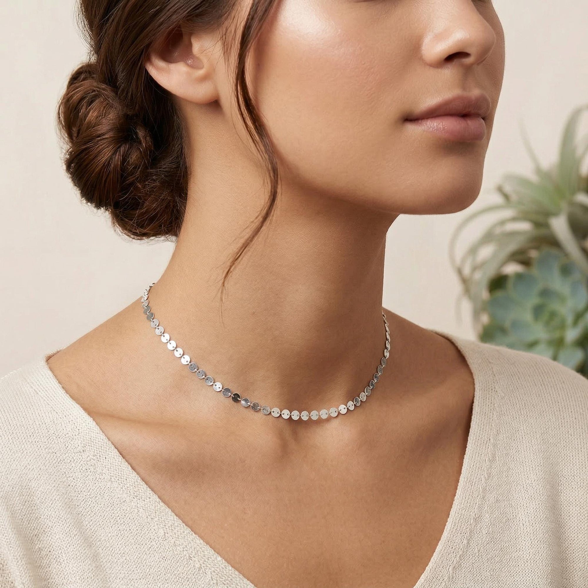 Dainty Sterling Silver Choker Necklace – Sequin Chain Minimalist Necklace, Simple Layering Jewelry Gift for Her - Melt'm Jewelry