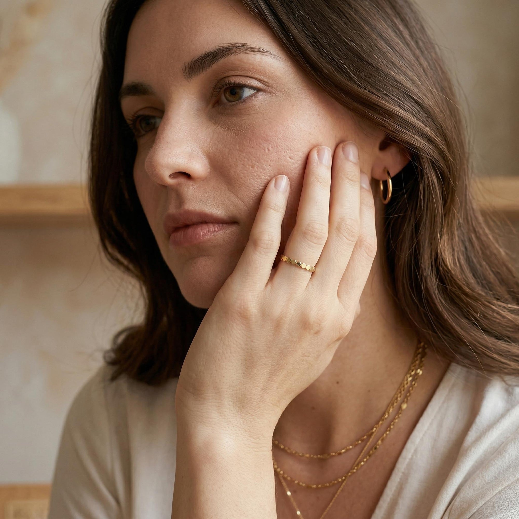 Gold Filled Stacking Ring – Dainty Hammered Bead Ring, Minimalist Gold Dot Ring, Thin Midi Ring