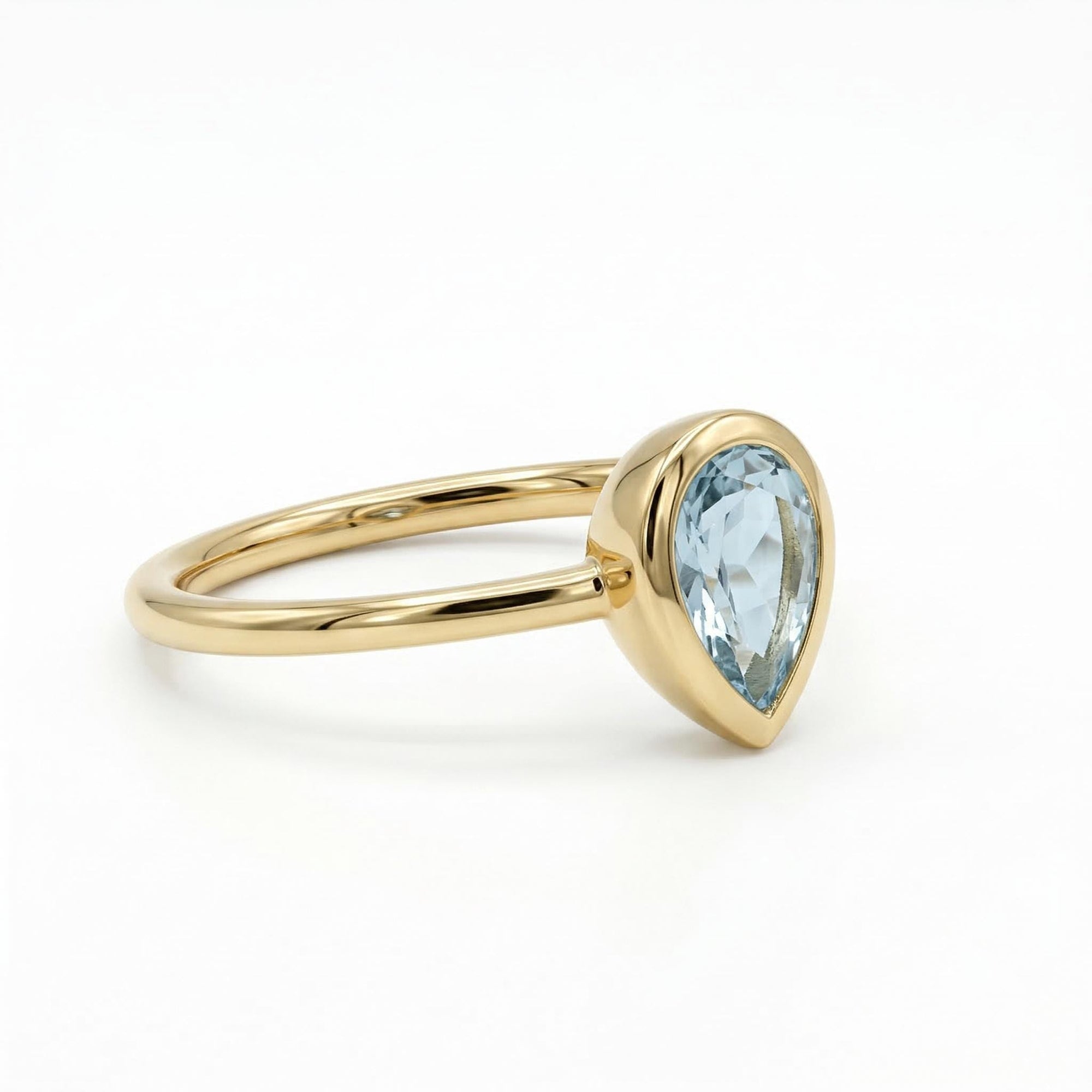 bezel set pear aquamarine ring in 14k gold, handmade teardrop gemstone promise ring, March birthstone gift