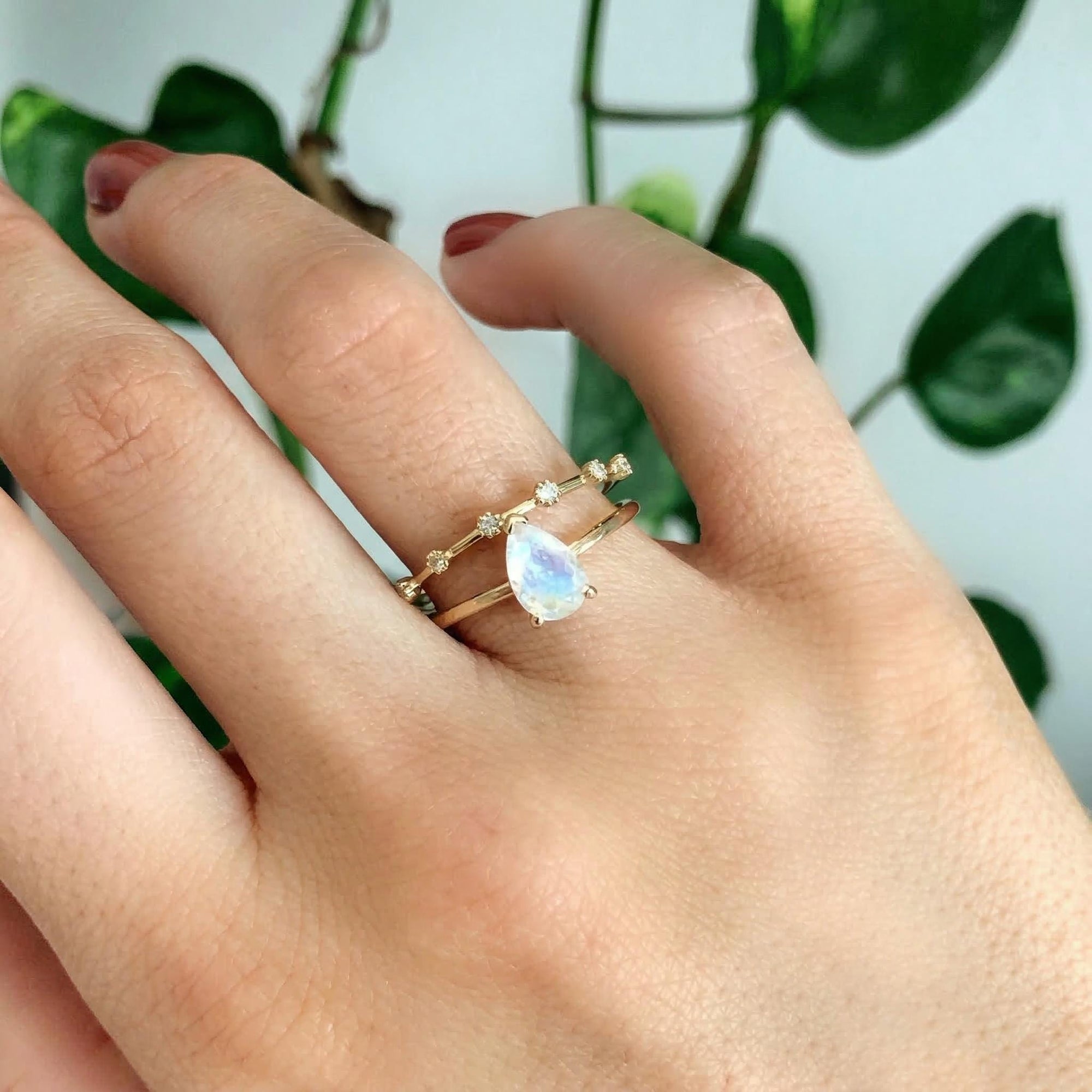 14k Gold Pear Cut Rainbow Moonstone Ring