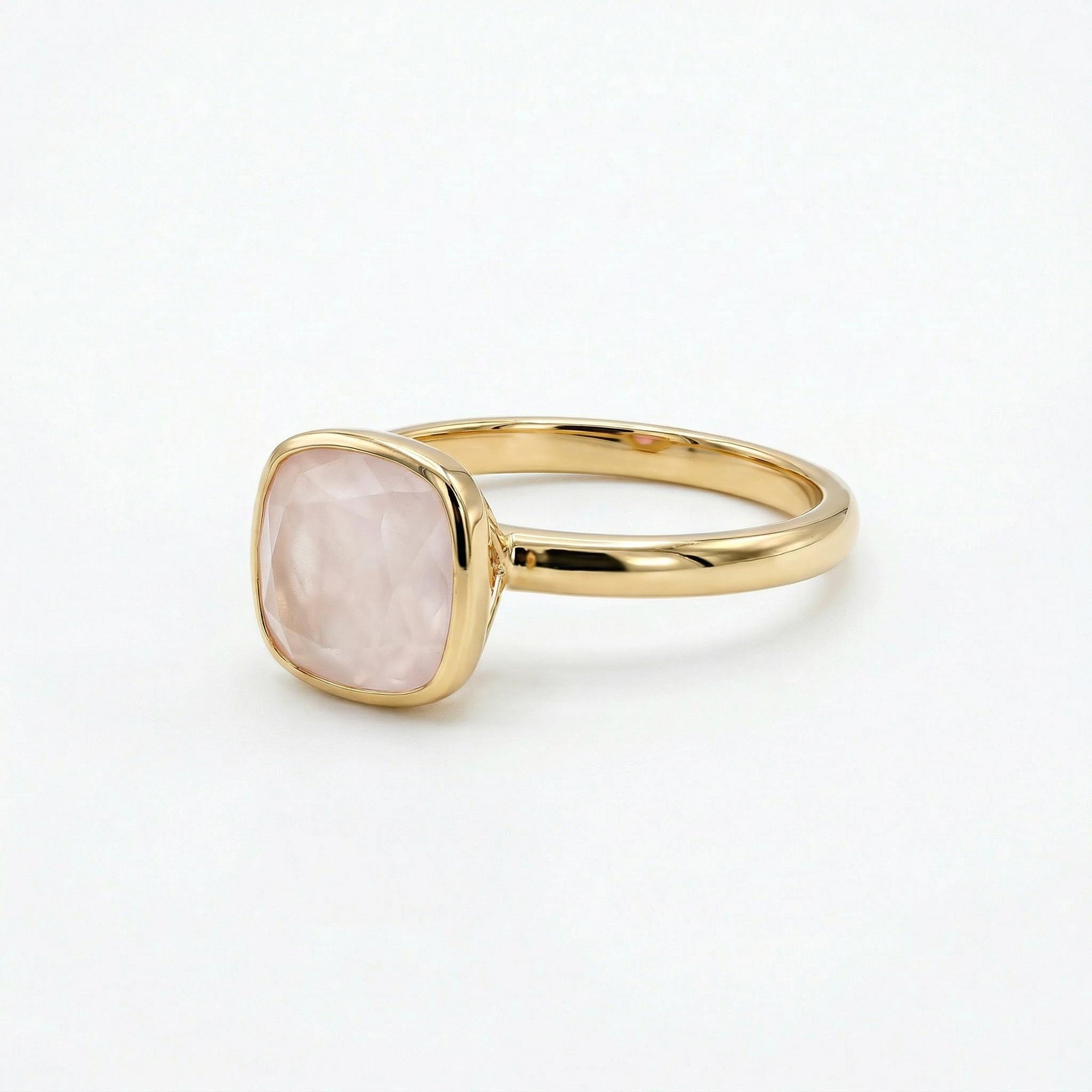 Cushion Cut Rose Quartz Ring 10k Gold, Bezel Set Solitaire Engagement Ring - Melt'm Jewelry