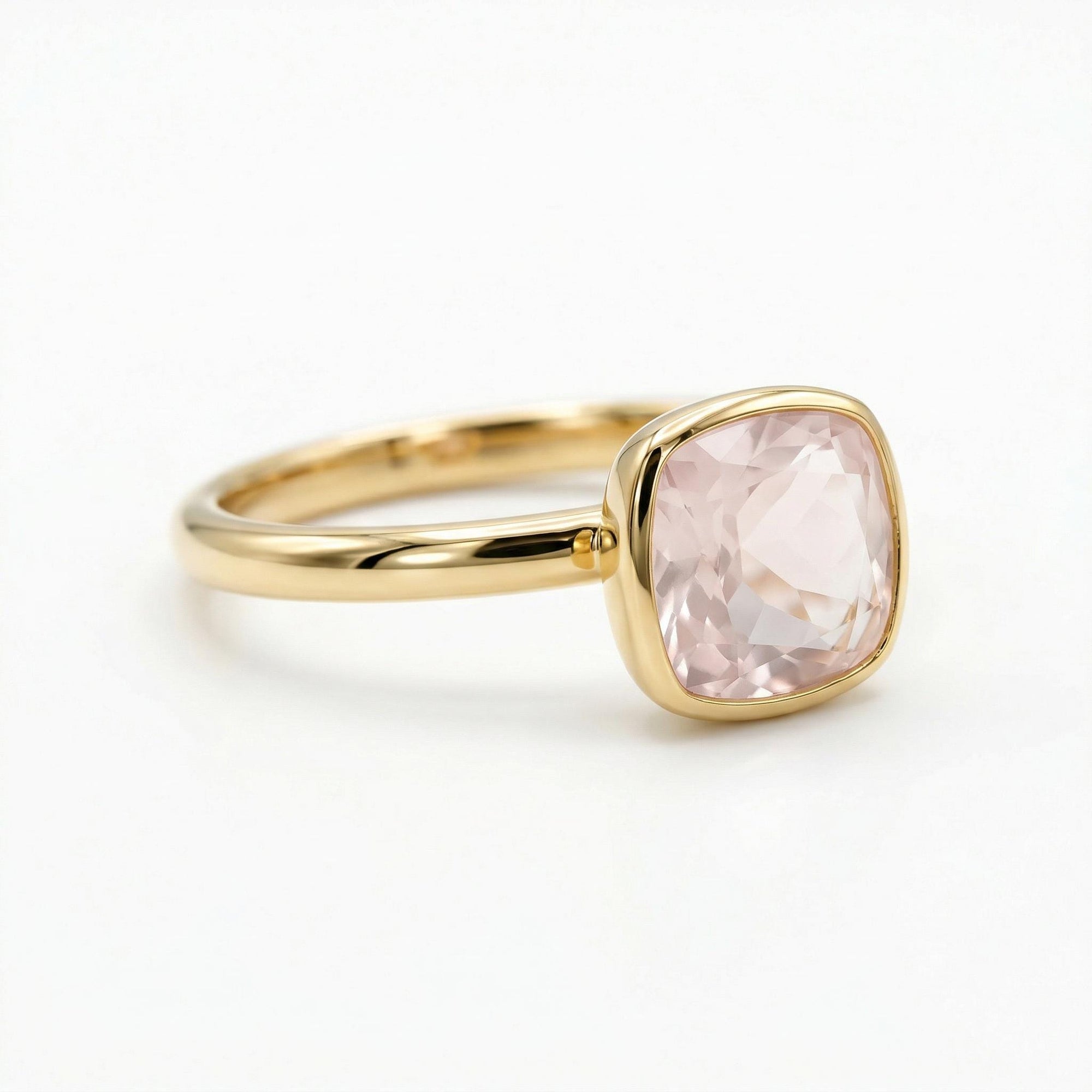 Cushion Cut Rose Quartz Ring 10k Gold, Bezel Set Solitaire Engagement Ring - Melt'm Jewelry