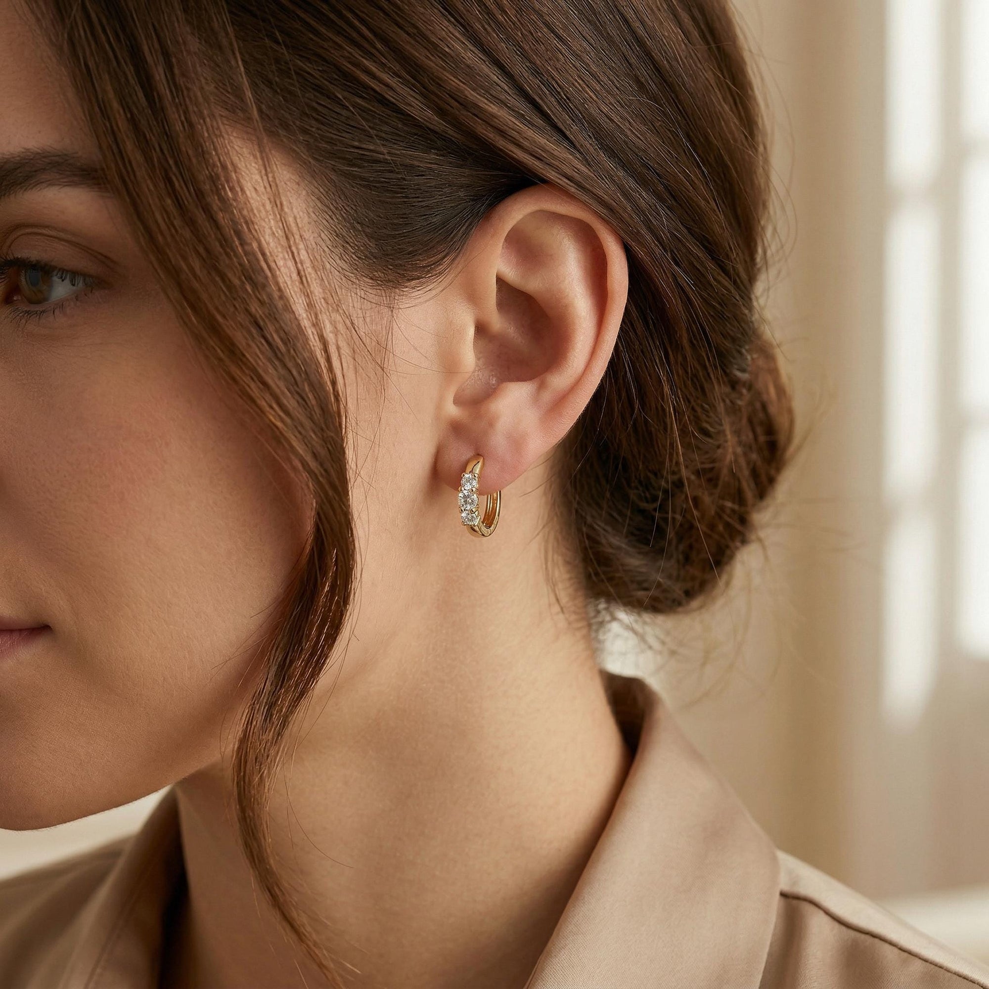 Lab Grown Diamond Huggie Hoop Earrings 14k Gold, 2mm Diamond Trio Hoops