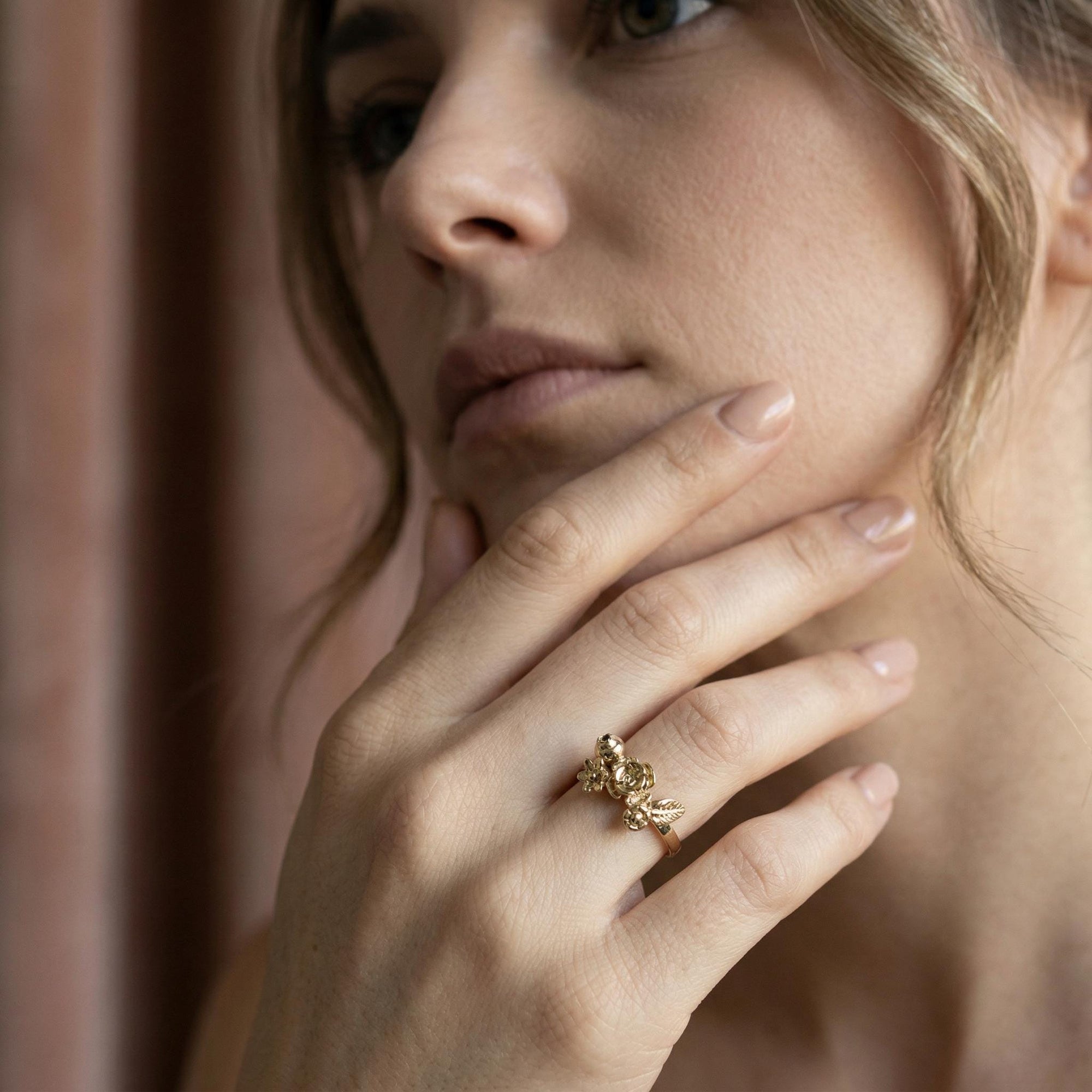unique floral wedding ring 14k gold, art nouveau leaf design ring elegant handmade jewelry gift