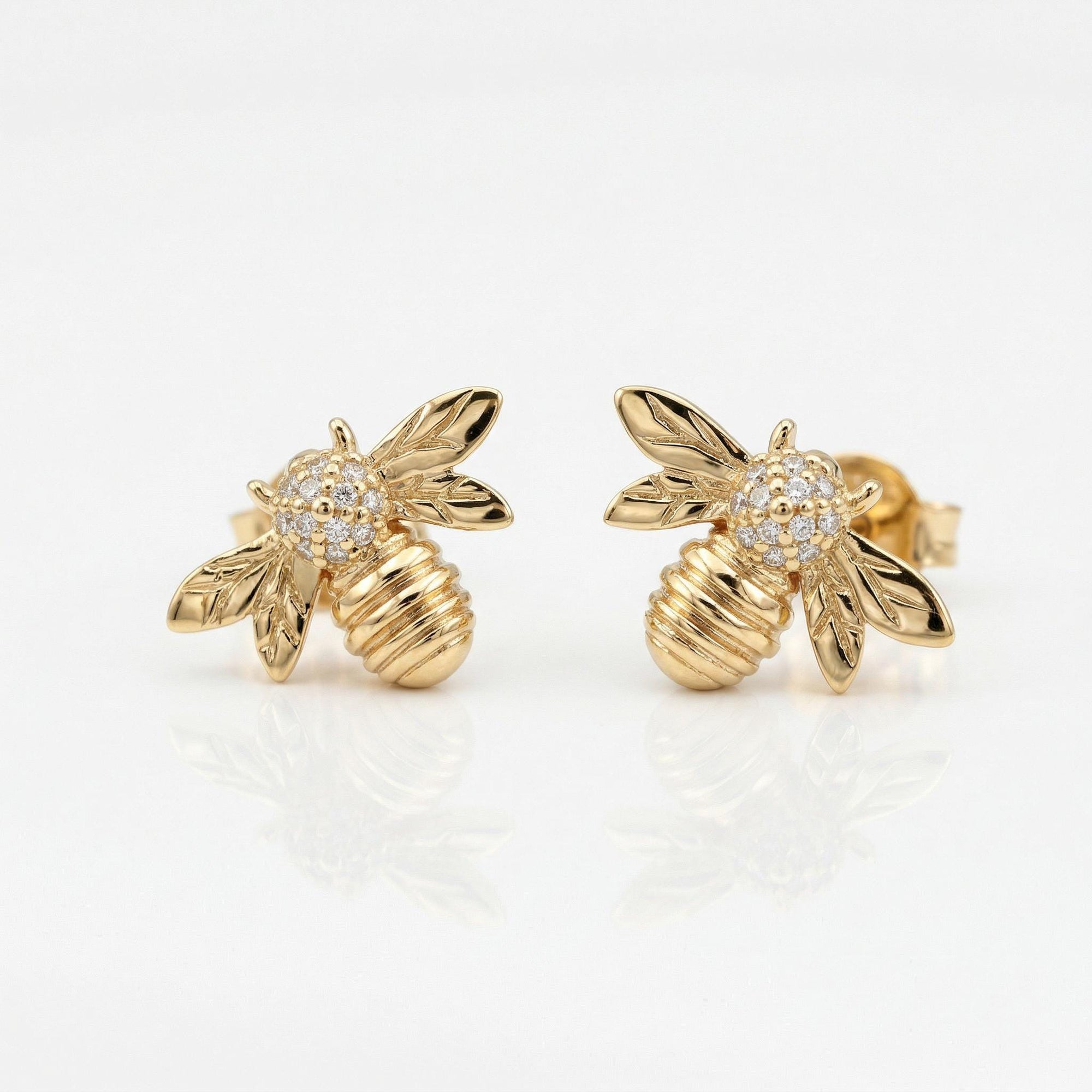 14k Gold Diamond Bumble Bee Earrings – Minimal Honey Bee Studs (SINGLE OR PAIR) - Melt'm Jewelry