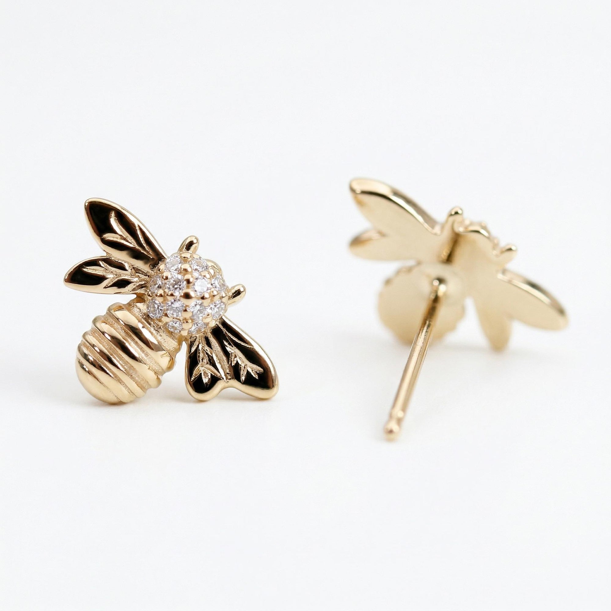 14k Gold Diamond Bumble Bee Earrings – Minimal Honey Bee Studs (SINGLE OR PAIR)