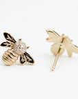 14k Gold Diamond Bumble Bee Earrings – Minimal Honey Bee Studs (SINGLE OR PAIR)