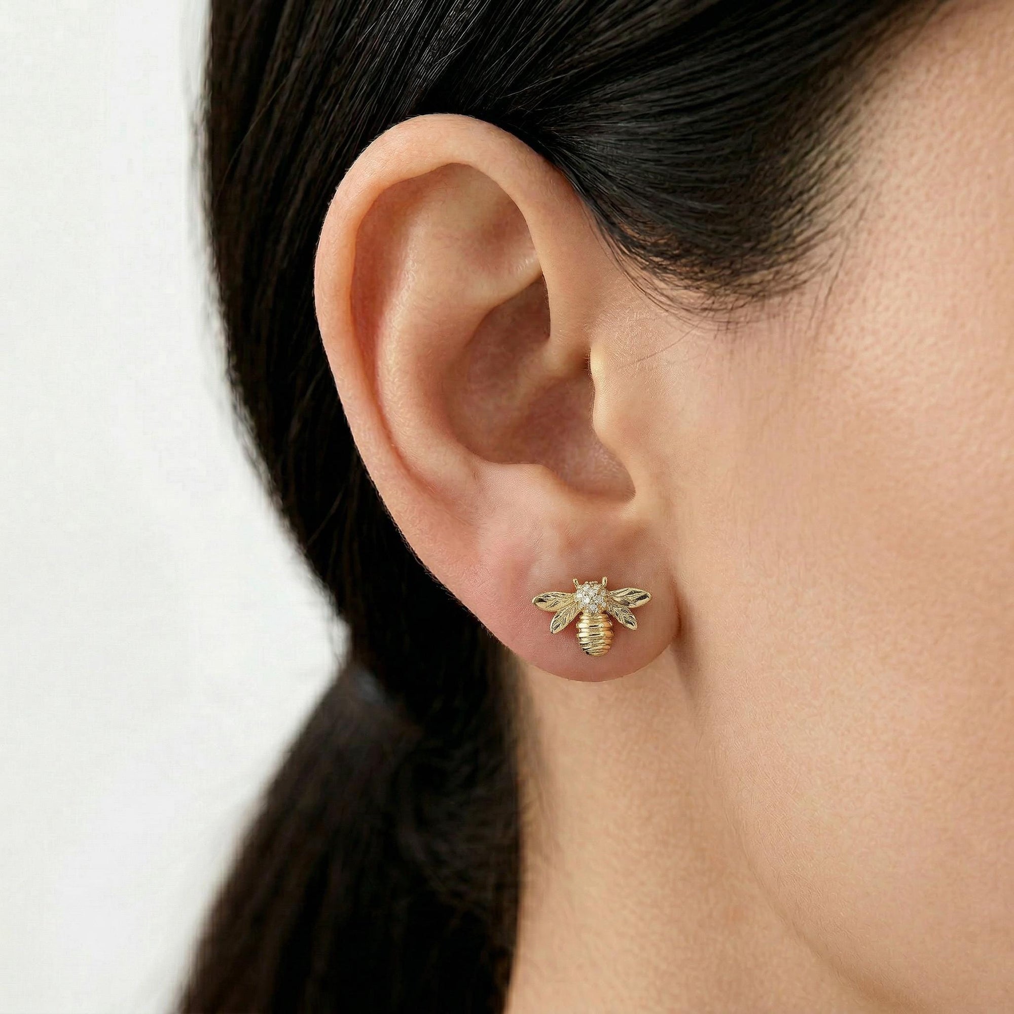 14k Gold Diamond Bumble Bee Earrings – Minimal Honey Bee Studs (SINGLE OR PAIR) - Melt'm Jewelry