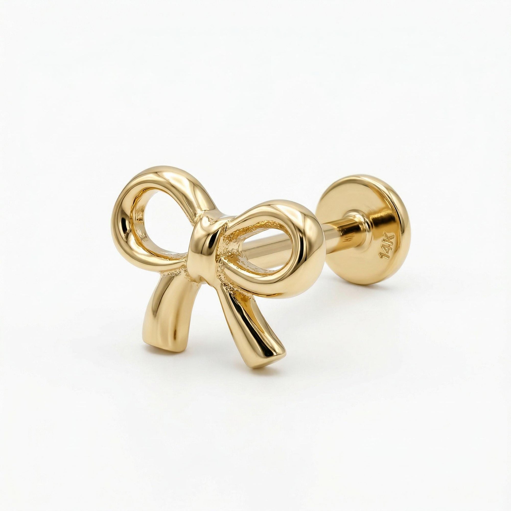 Ribbon Bow Tie Internally Threaded Flat Back Earrings 14k Solid Gold - Melt'm Jewelry