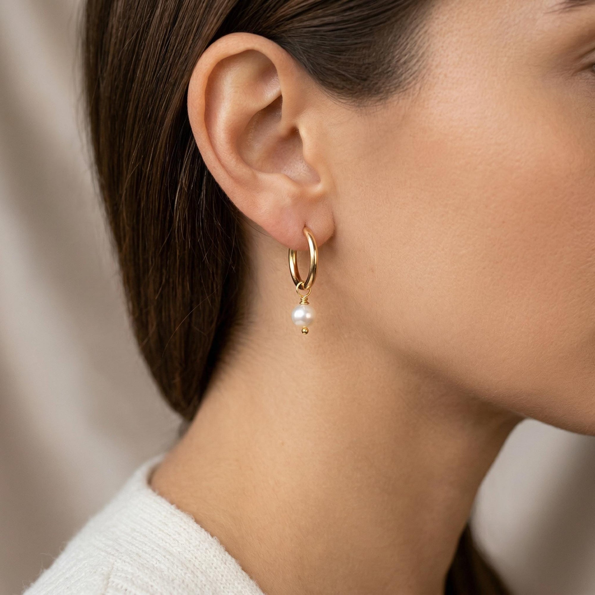 Rose Gold Dangle Hoops with Pearl, Pearl Hoop Earrings