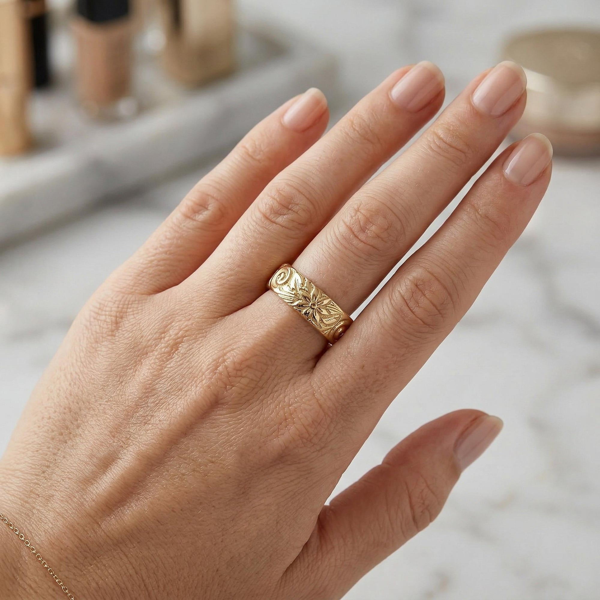 Floral Wedding Band Solid 14k Gold, Thick Wedding Ring