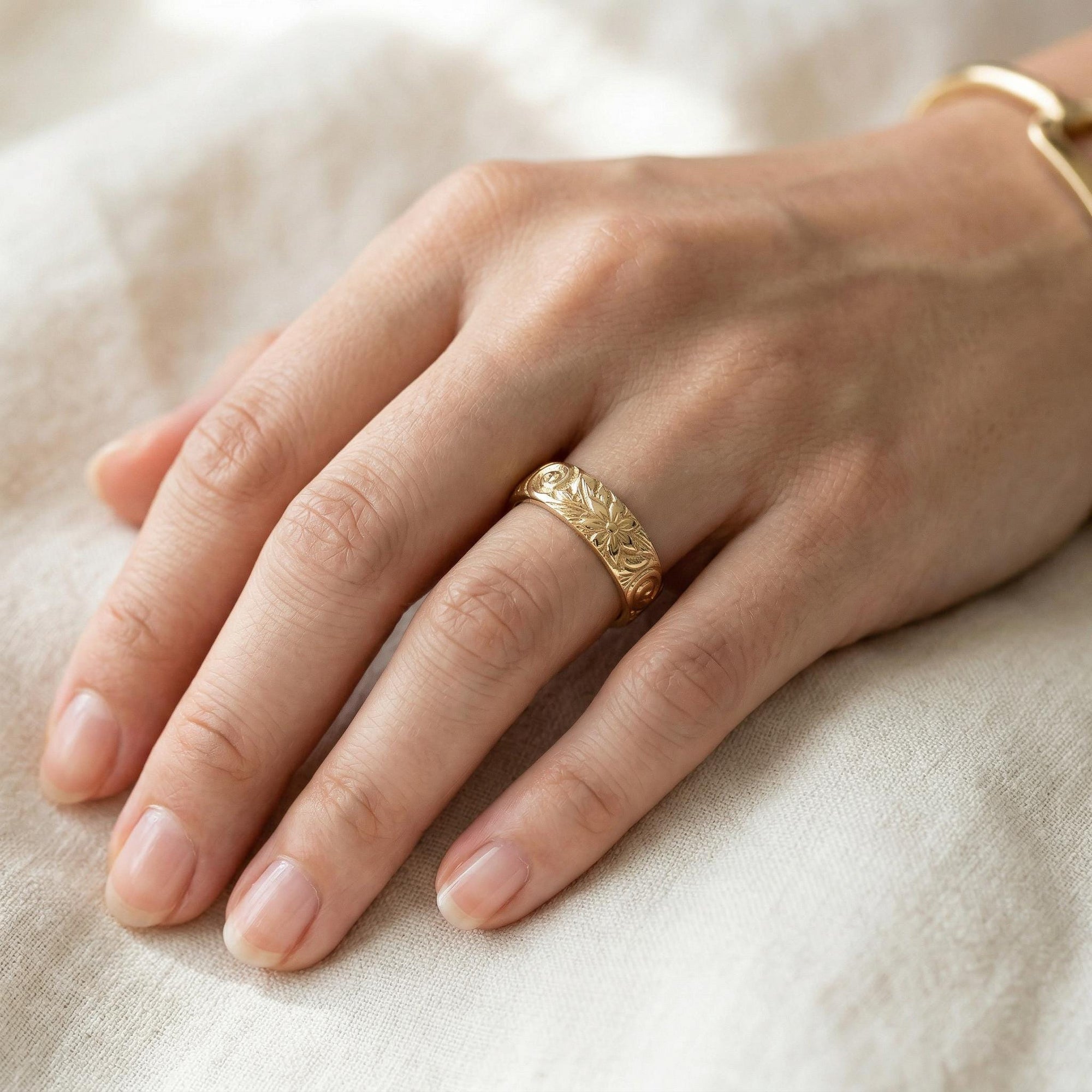 Floral Wedding Band Solid 14k Gold, Thick Wedding Ring