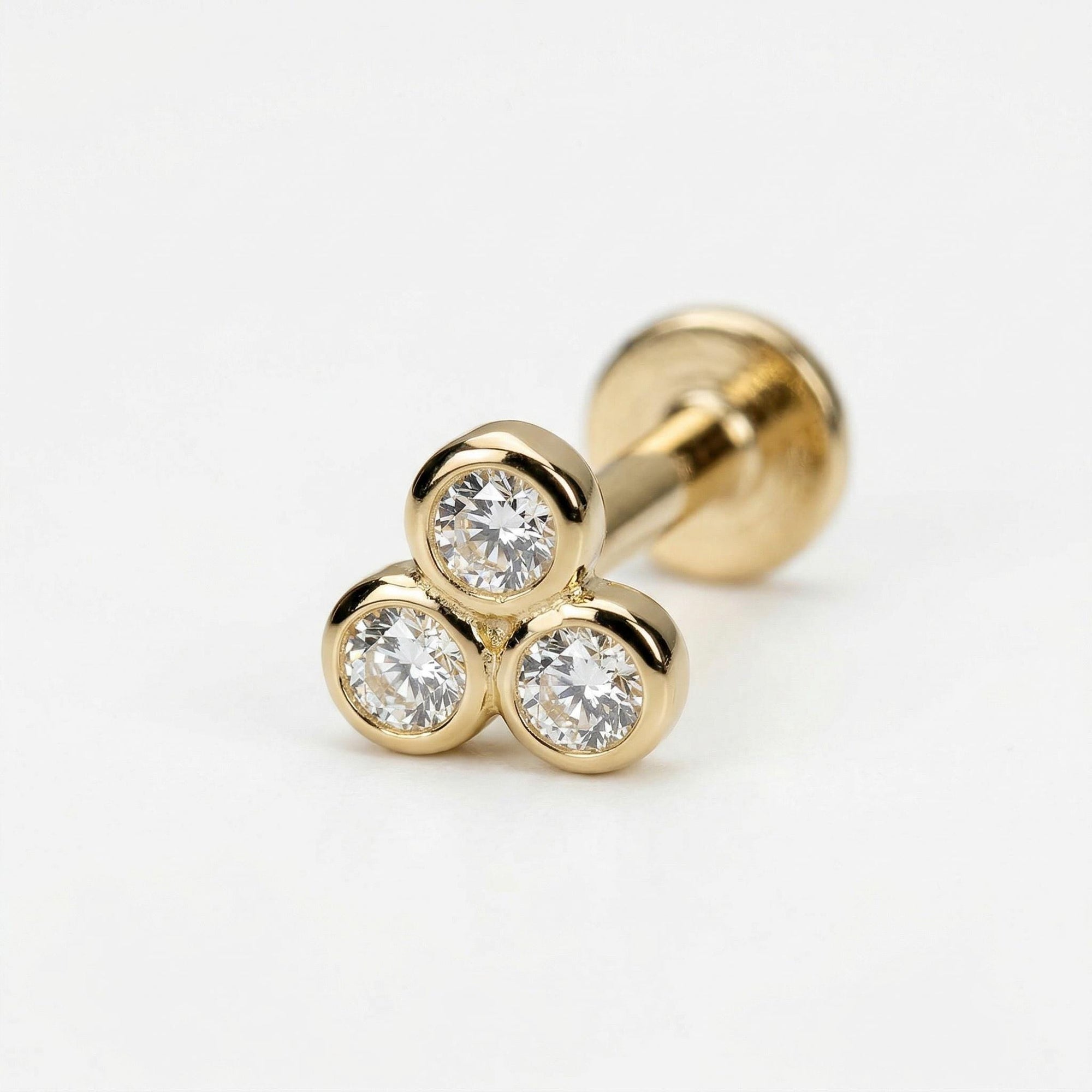 Three CZ Diamond Threaded Labret Studs Earrings 14k Solid Gold (SINGLE) - Melt'm Jewelry