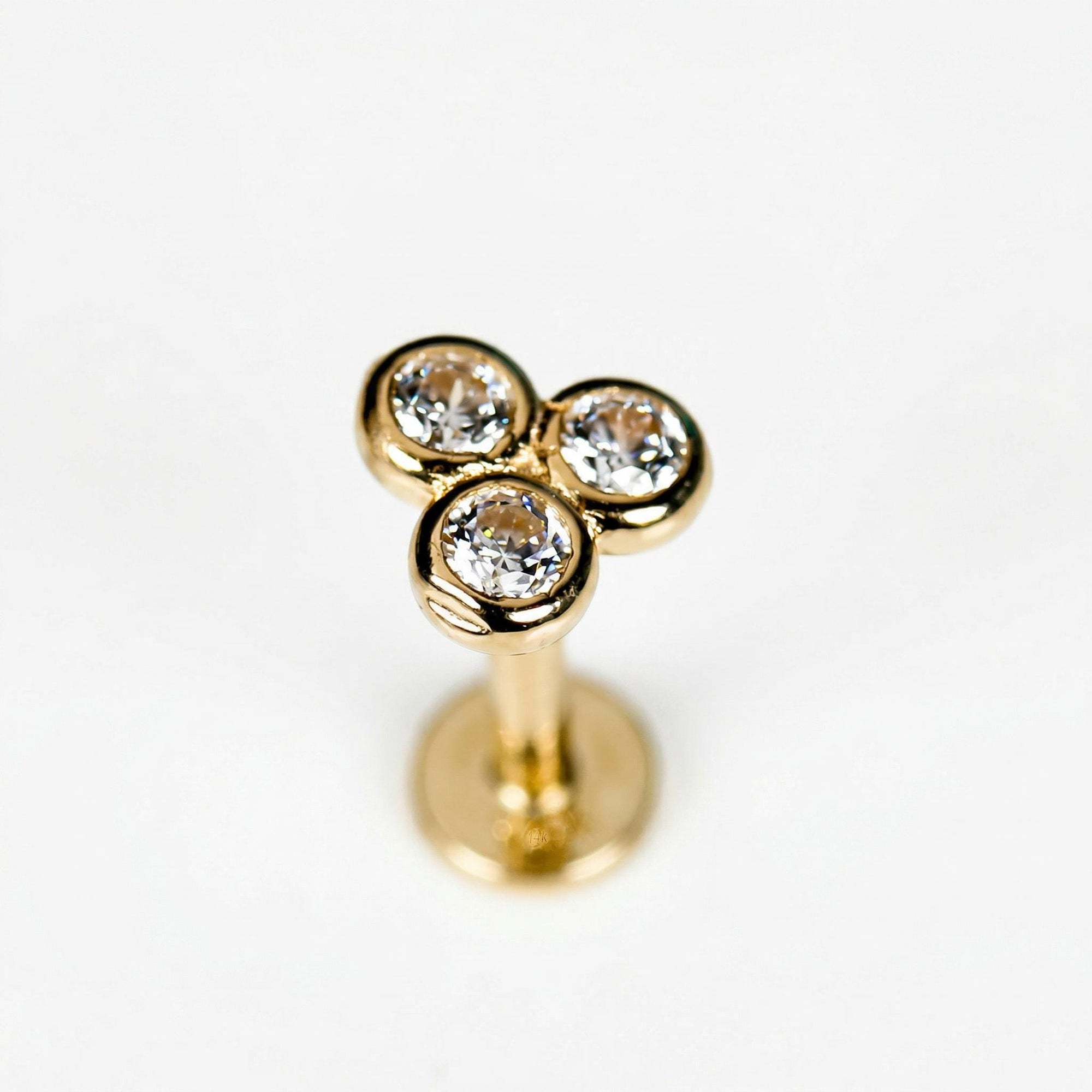 Three CZ Diamond Threaded Labret Studs Earrings 14k Solid Gold (SINGLE) - Melt'm Jewelry