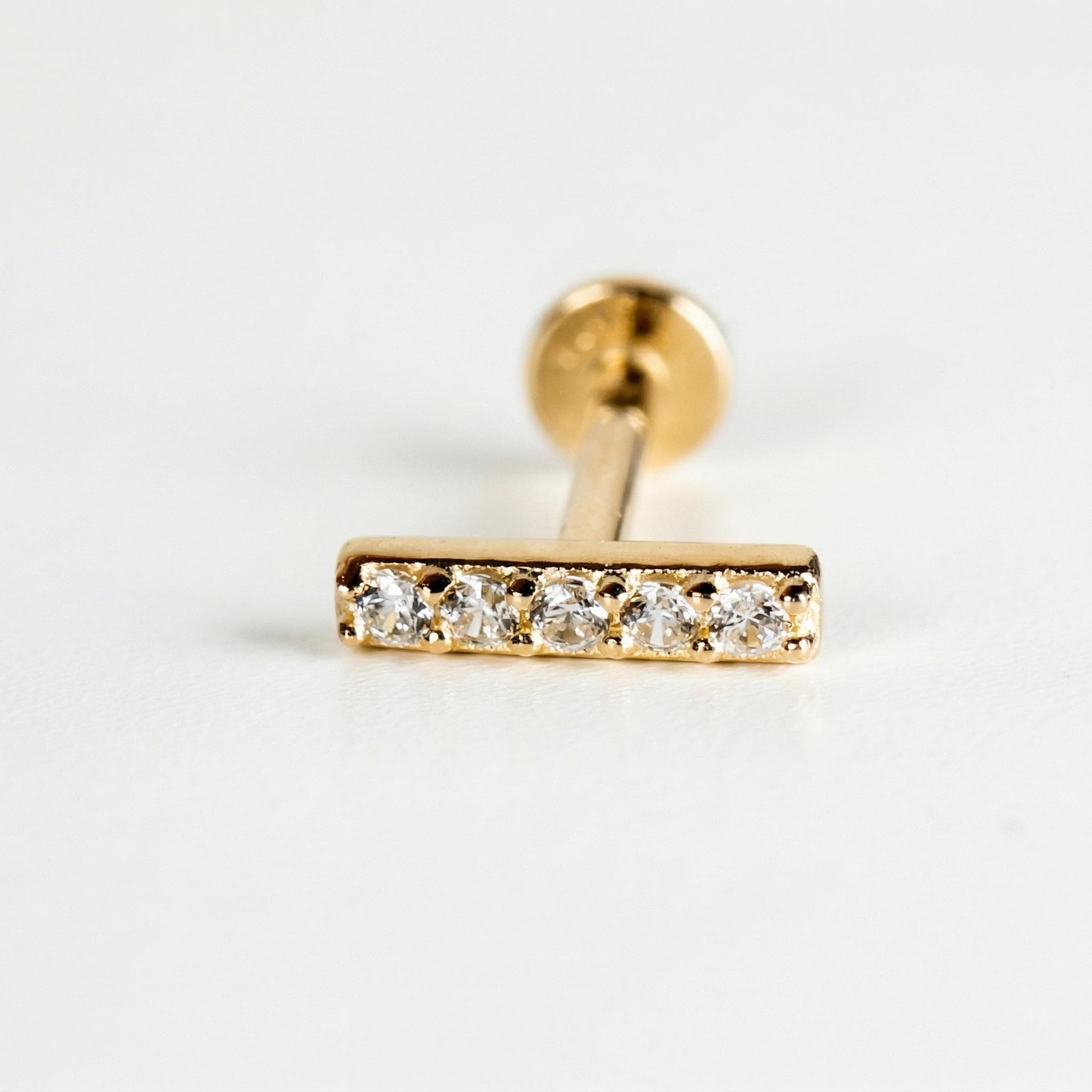 14k Solid Gold CZ Bar Flat Back Earrings, Internally Threaded Earrings Studs (SINGLE or PAIR) - Melt'm Jewelry