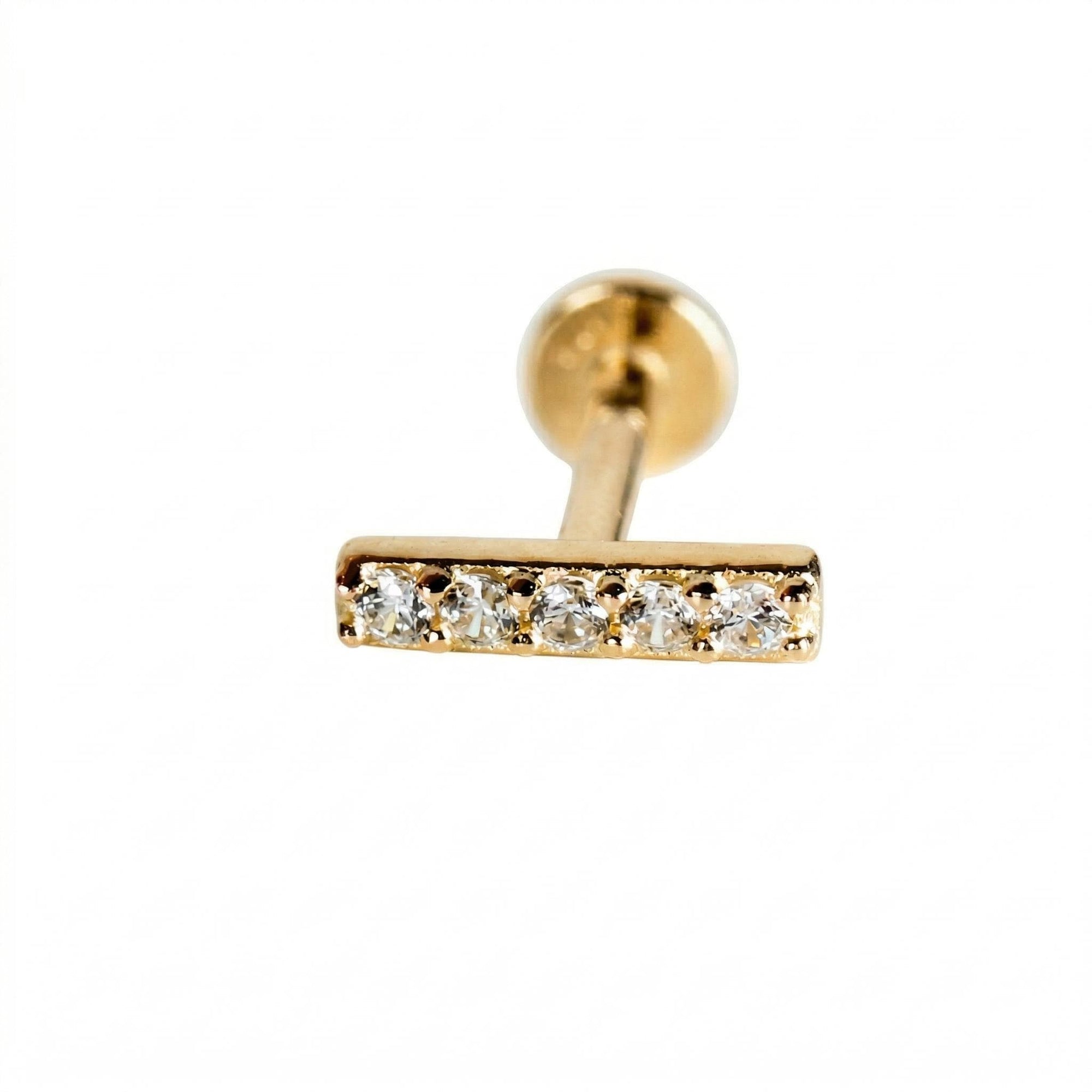 14k Solid Gold CZ Bar Flat Back Earrings, Internally Threaded Earrings Studs (SINGLE or PAIR) - Melt'm Jewelry