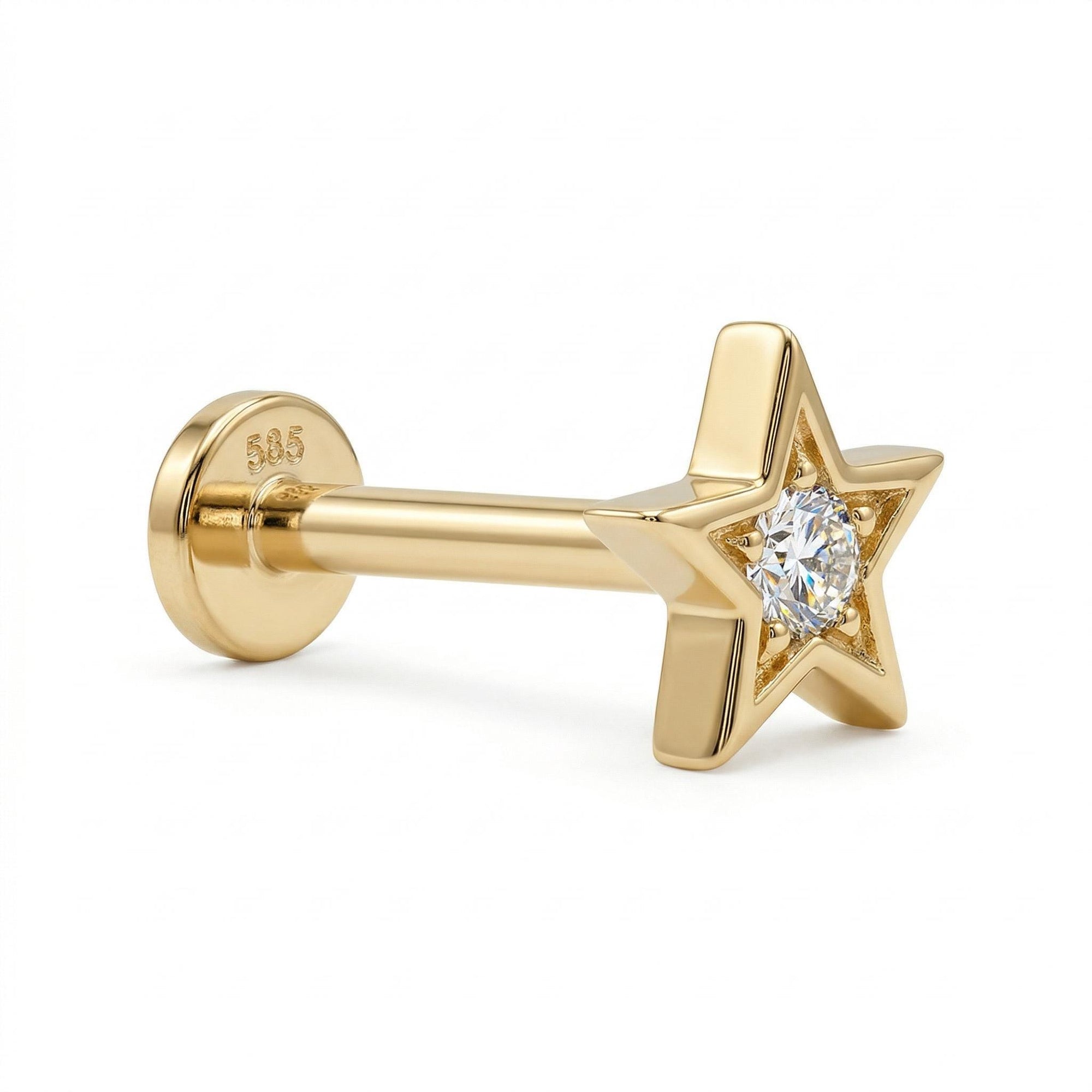 Cz Mini Star Earring 14k Solid Gold, Internally Threaded Flat Back Cartilage Earring - Melt'm Jewelry