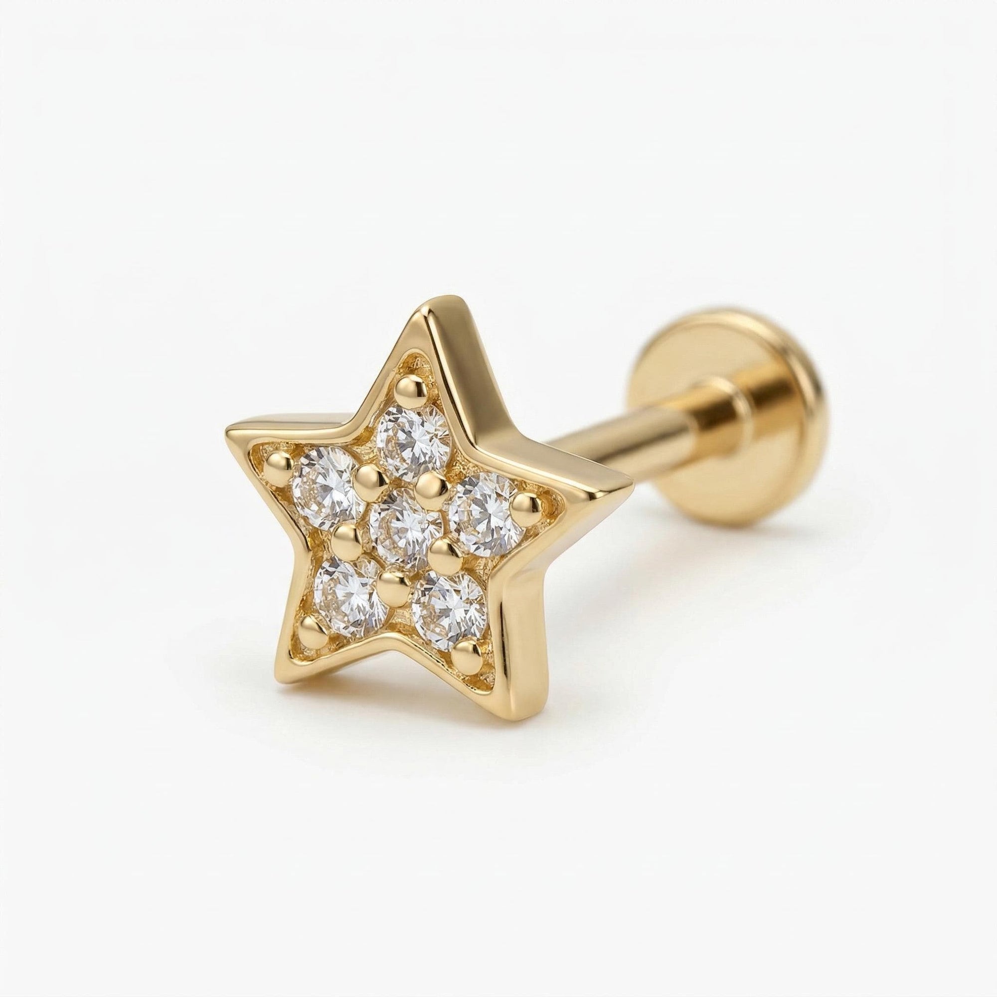 Cz Star Earring 14k Solid Gold, Internally Threaded Flat Back Earring - Melt'm Jewelry