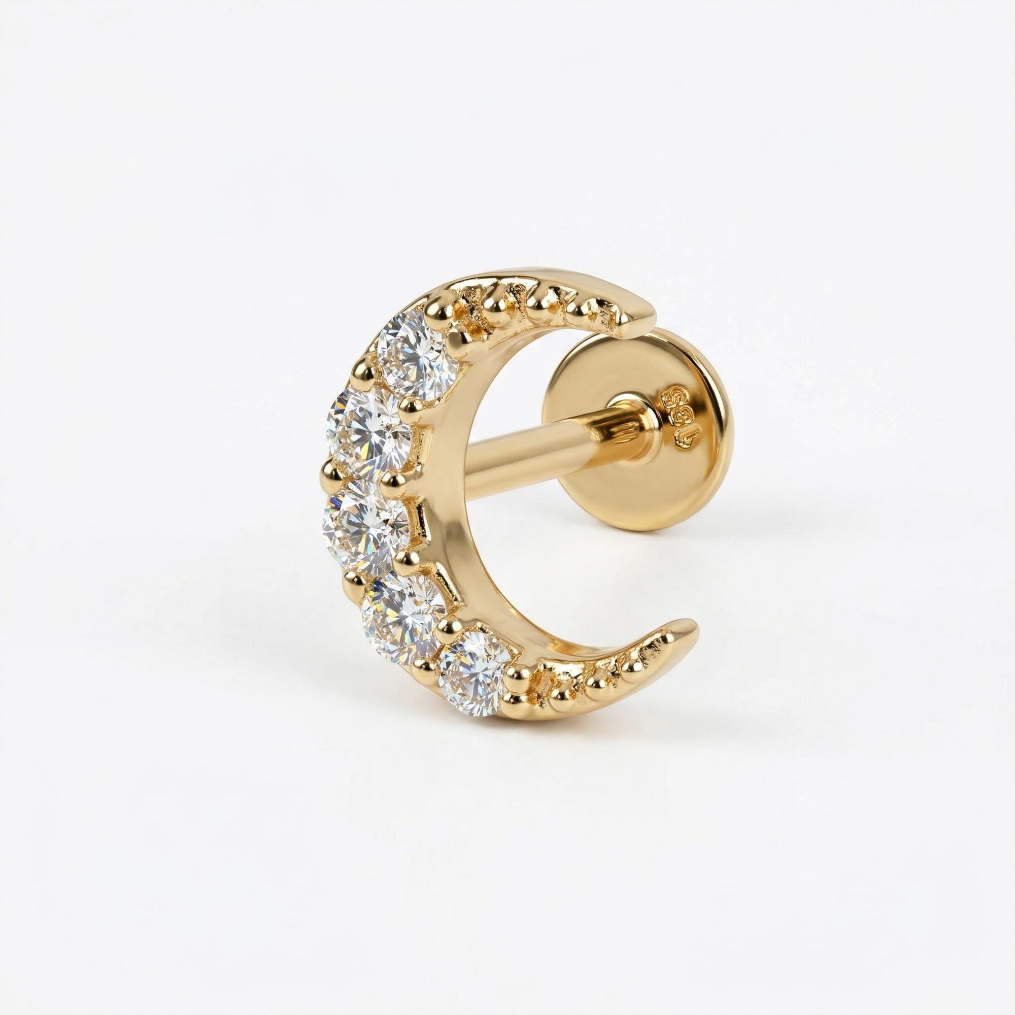 Cz Crescent Moon Earring 14k Solid Gold, Internally Threaded Flat Back Cartilage Earring - Melt'm Jewelry