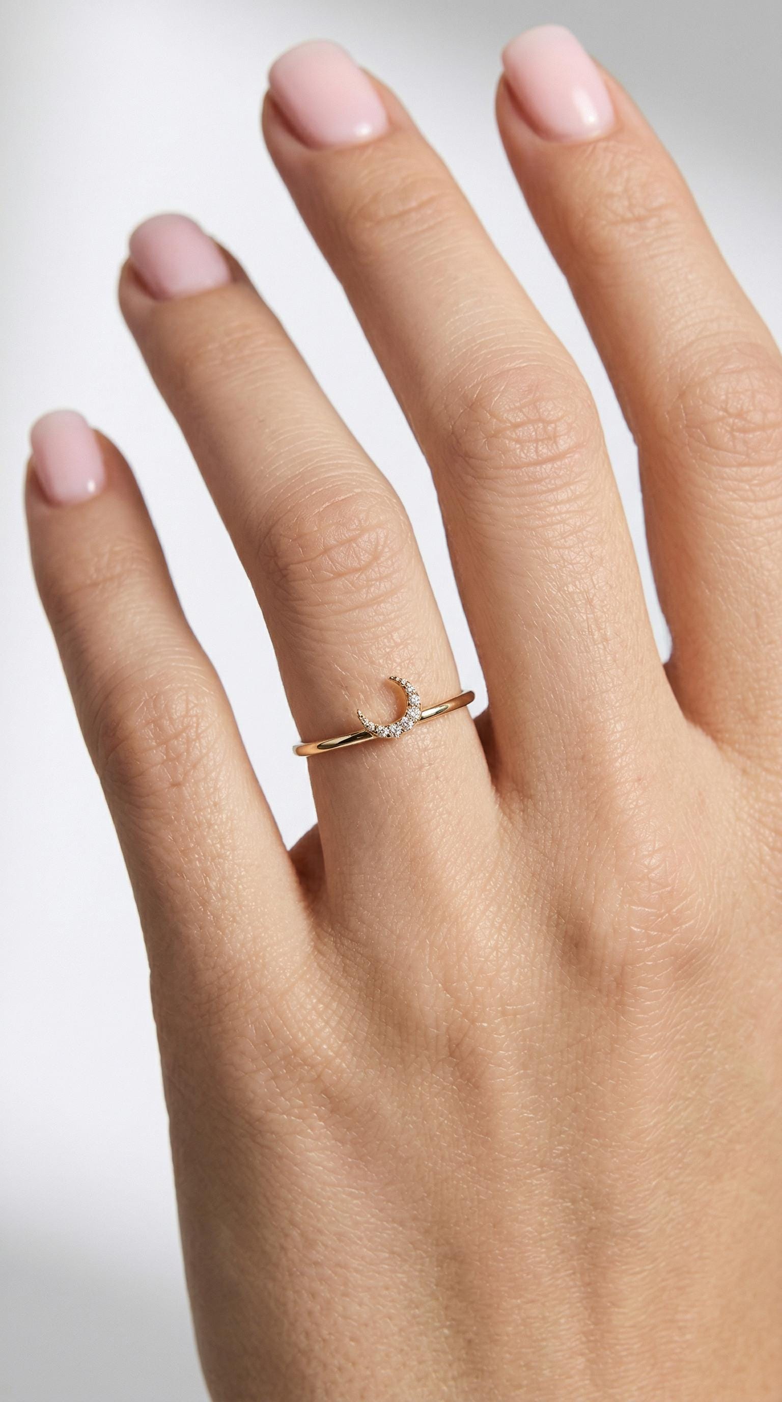 Genuine Diamond Crescent Moon Ring in 14k Gold