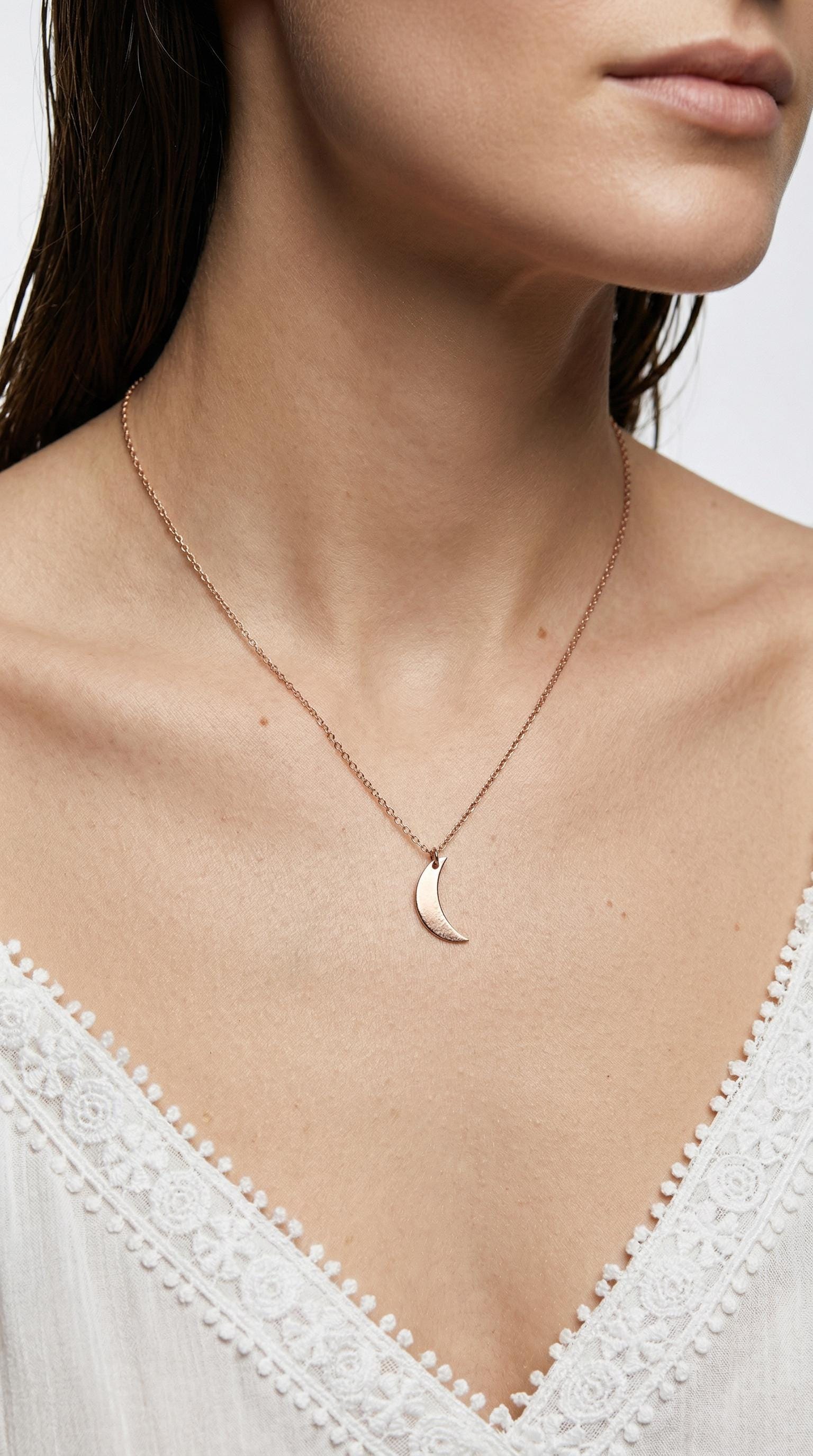 14k Solid Gold Crescent Moon Necklace, Celestial Gold Pendant Necklace, Minimal Moon Jewelry Gift for Her