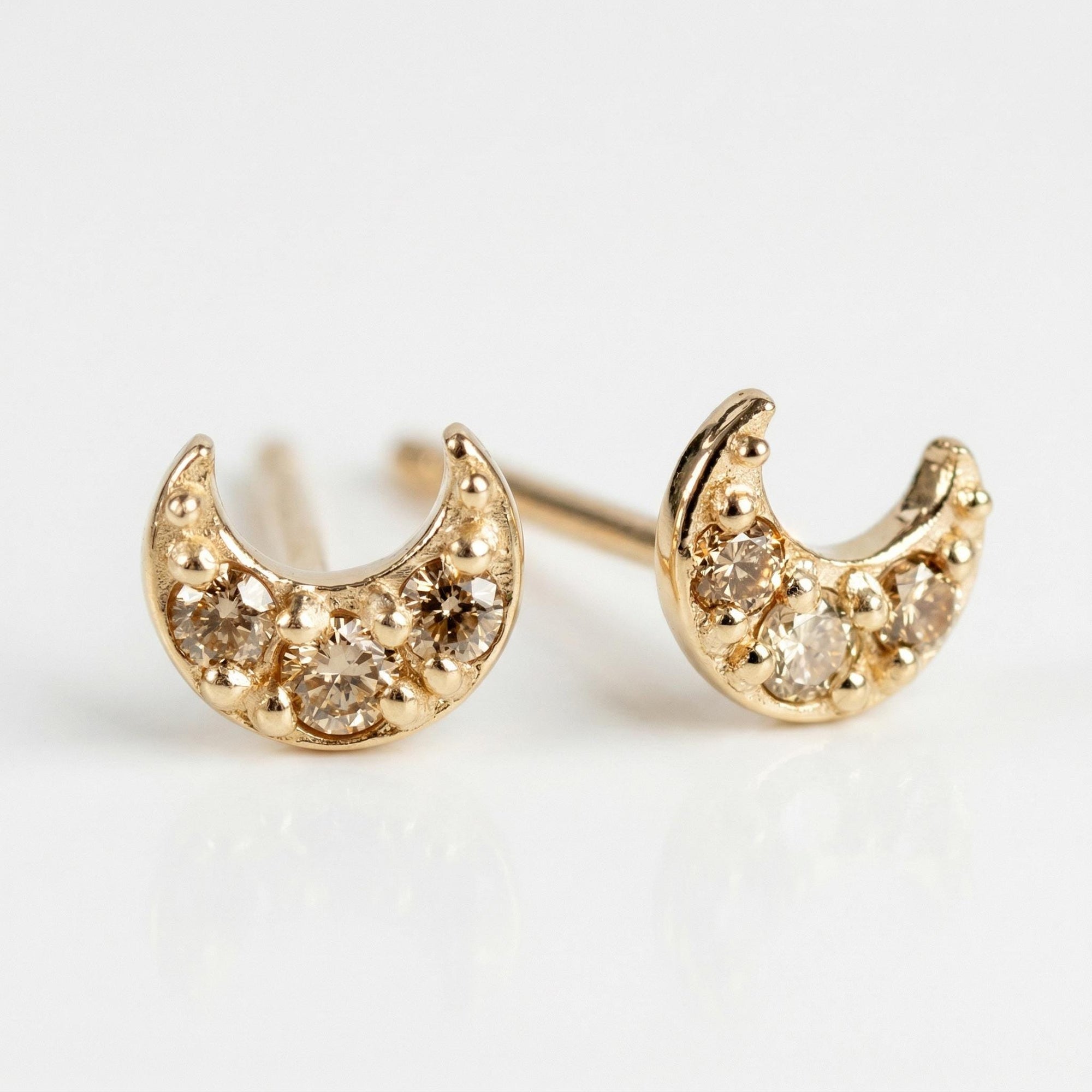 Champagne Diamond Crescent Moon Earrings 14k Solid Gold, Tiny Sailor Moon Studs, Celestial Jewelry Gift (Pair)
