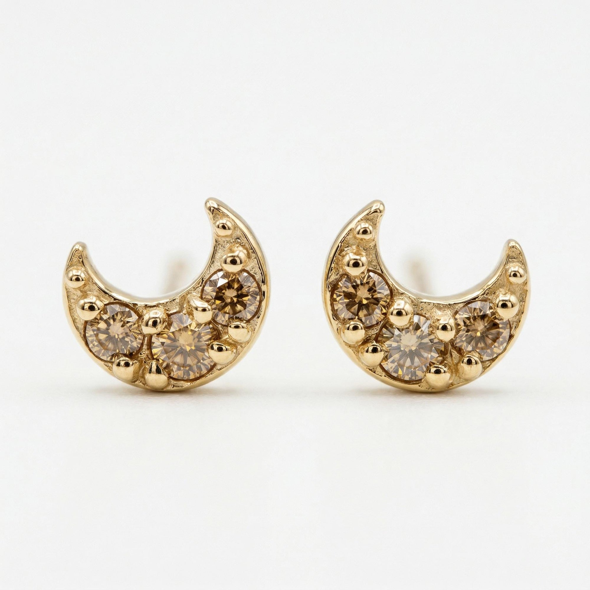 Champagne Diamond Crescent Moon Earrings 14k Solid Gold, Tiny Sailor Moon Studs, Celestial Jewelry Gift (Pair)