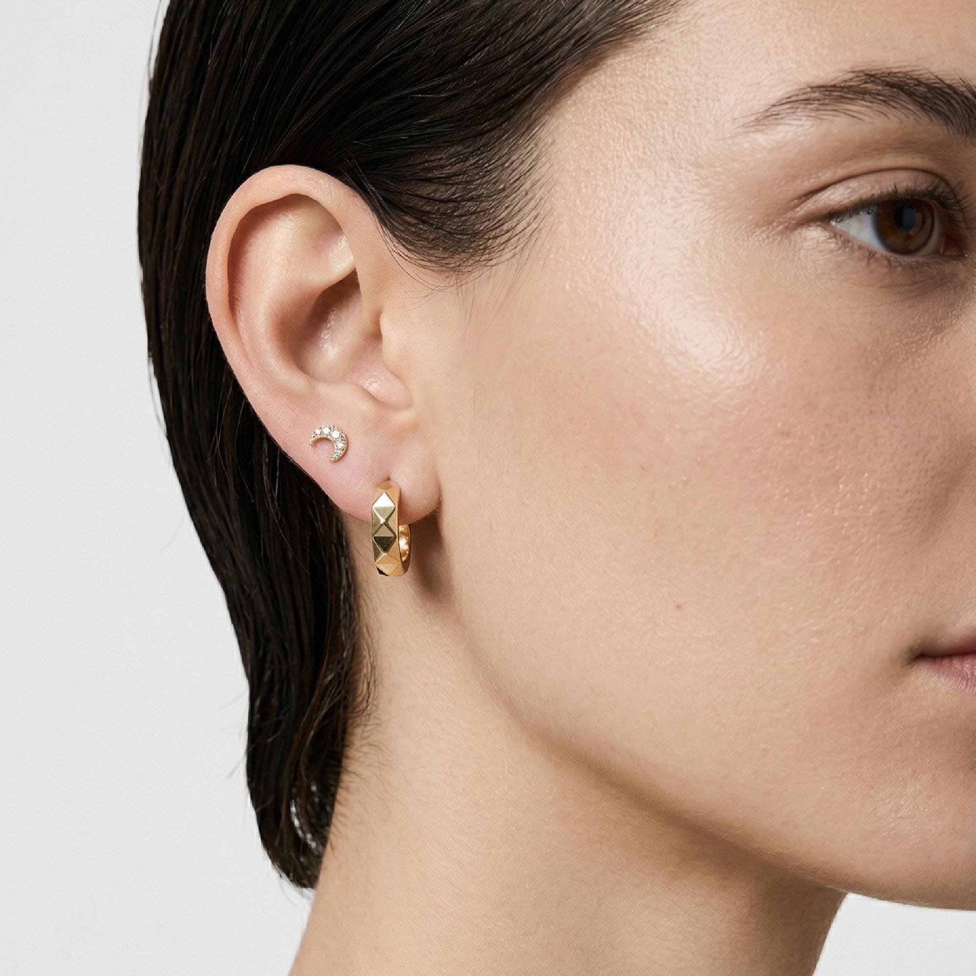 Champagne Diamond Crescent Moon Earrings 14k Solid Gold, Tiny Sailor Moon Studs, Celestial Jewelry Gift (Pair) - Melt'm Jewelry