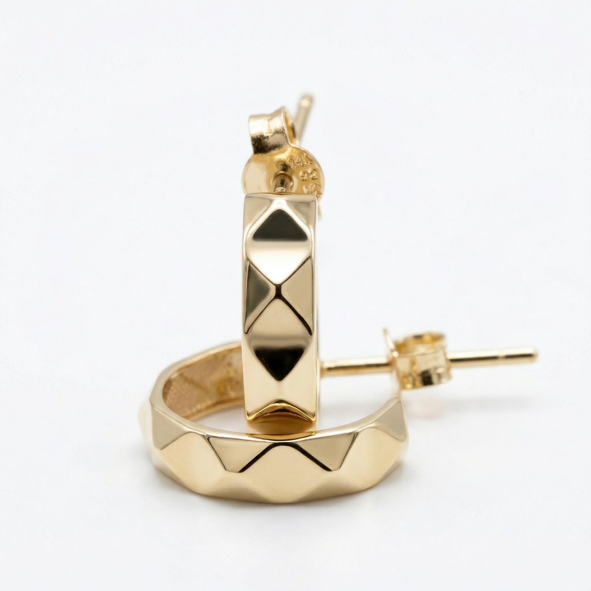 Geometric Textured Gold Huggies 14k Solid Gold