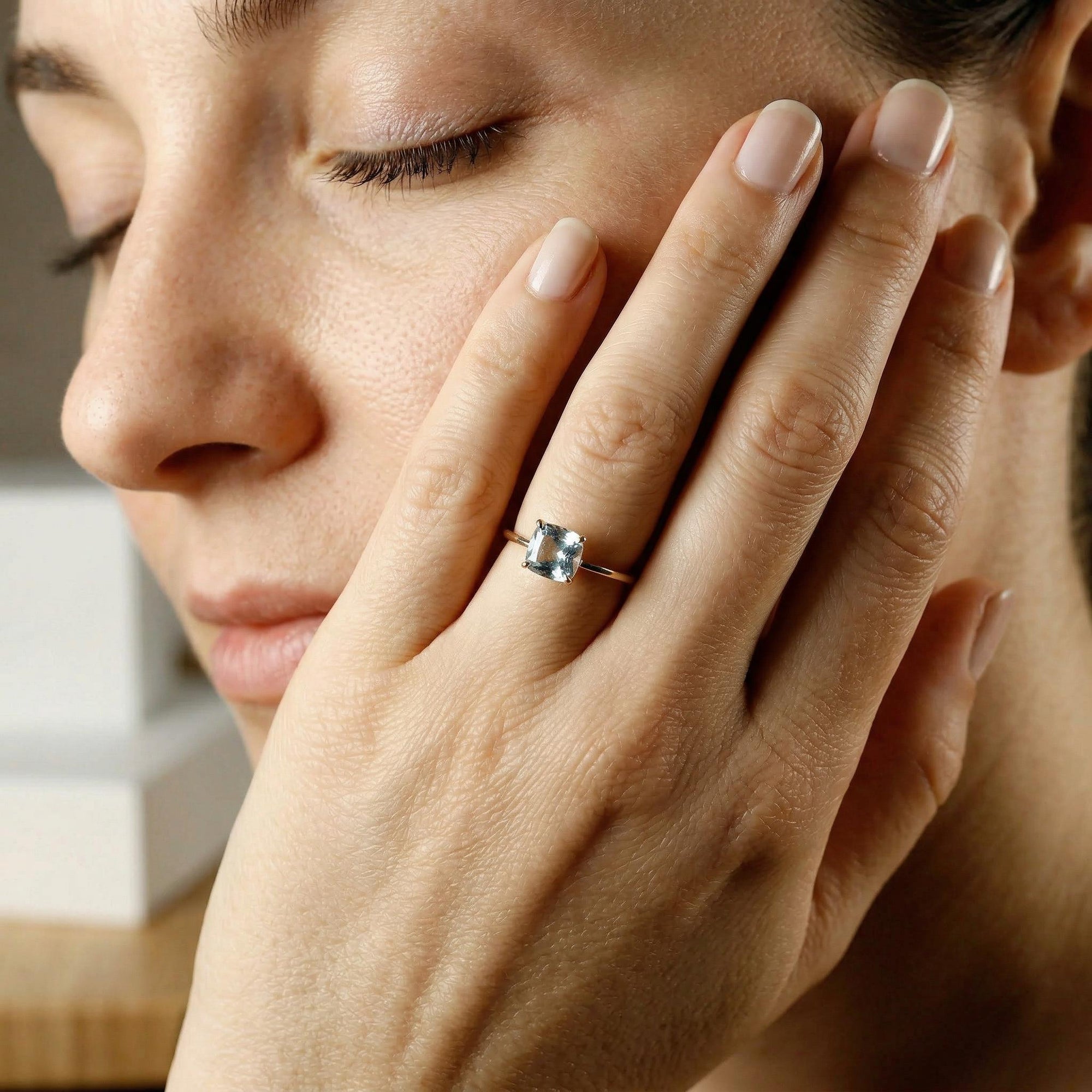 Cushion Cut Aquamarine Ring 14k Gold, Floral Basket Setting Ring