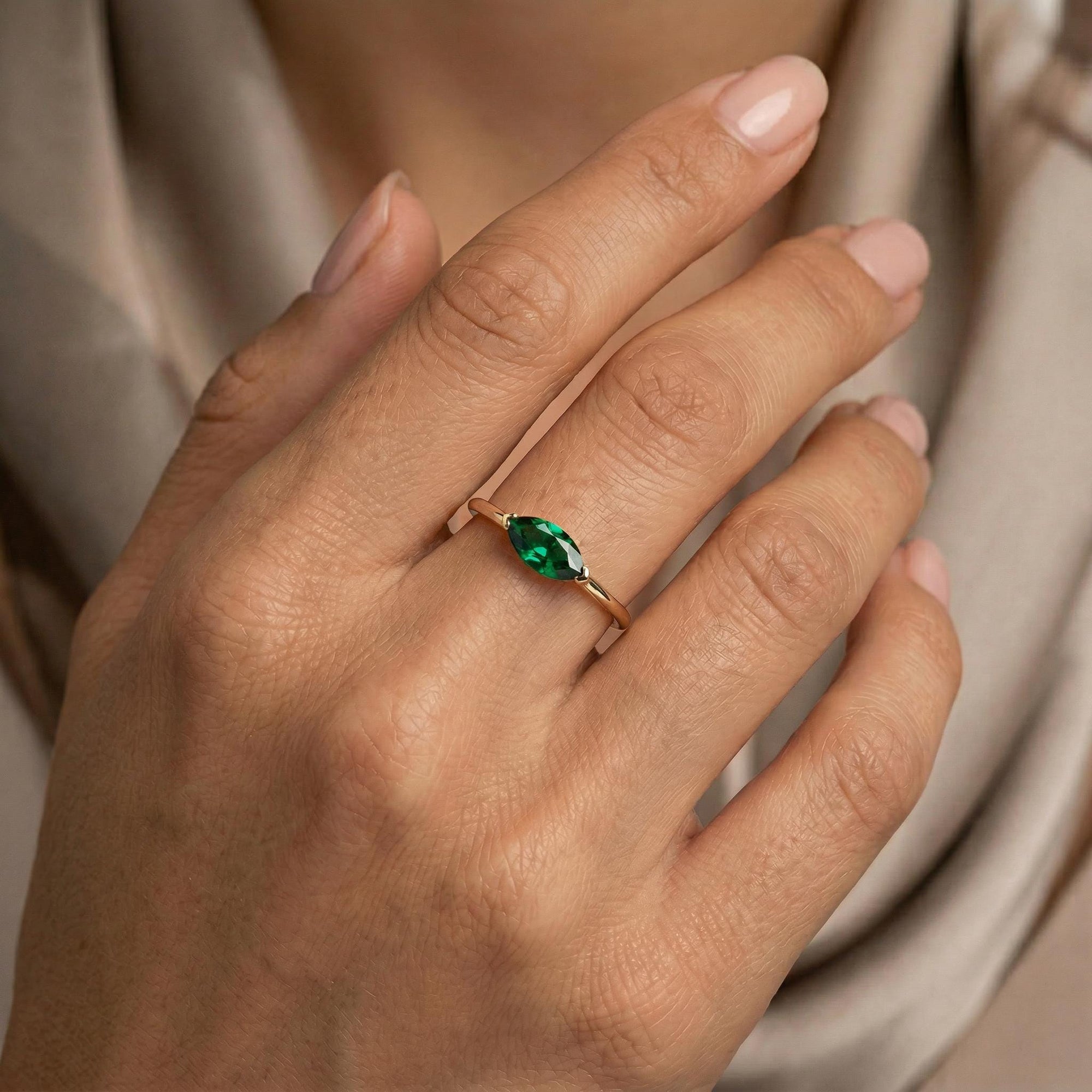 Marquise Lab Grown Emerald Ring 14k Gold, East West Emerald Ring, Minimalist Gold Ring - Melt'm Jewelry