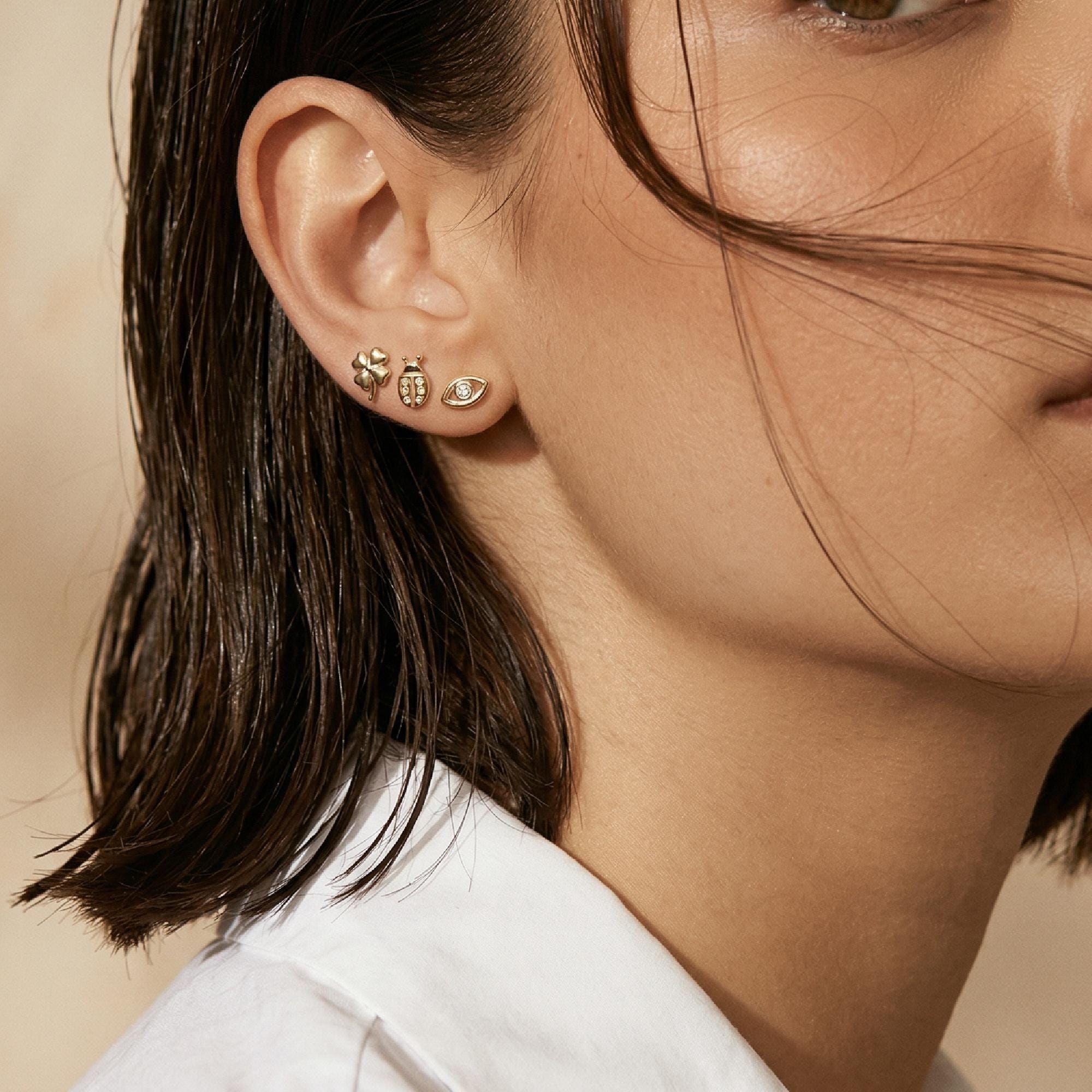 Ladybug Flat Back Earrings 14k Solid Gold, Lady Bird Stack Earrings in 14k Solid Gold - Melt'm Jewelry