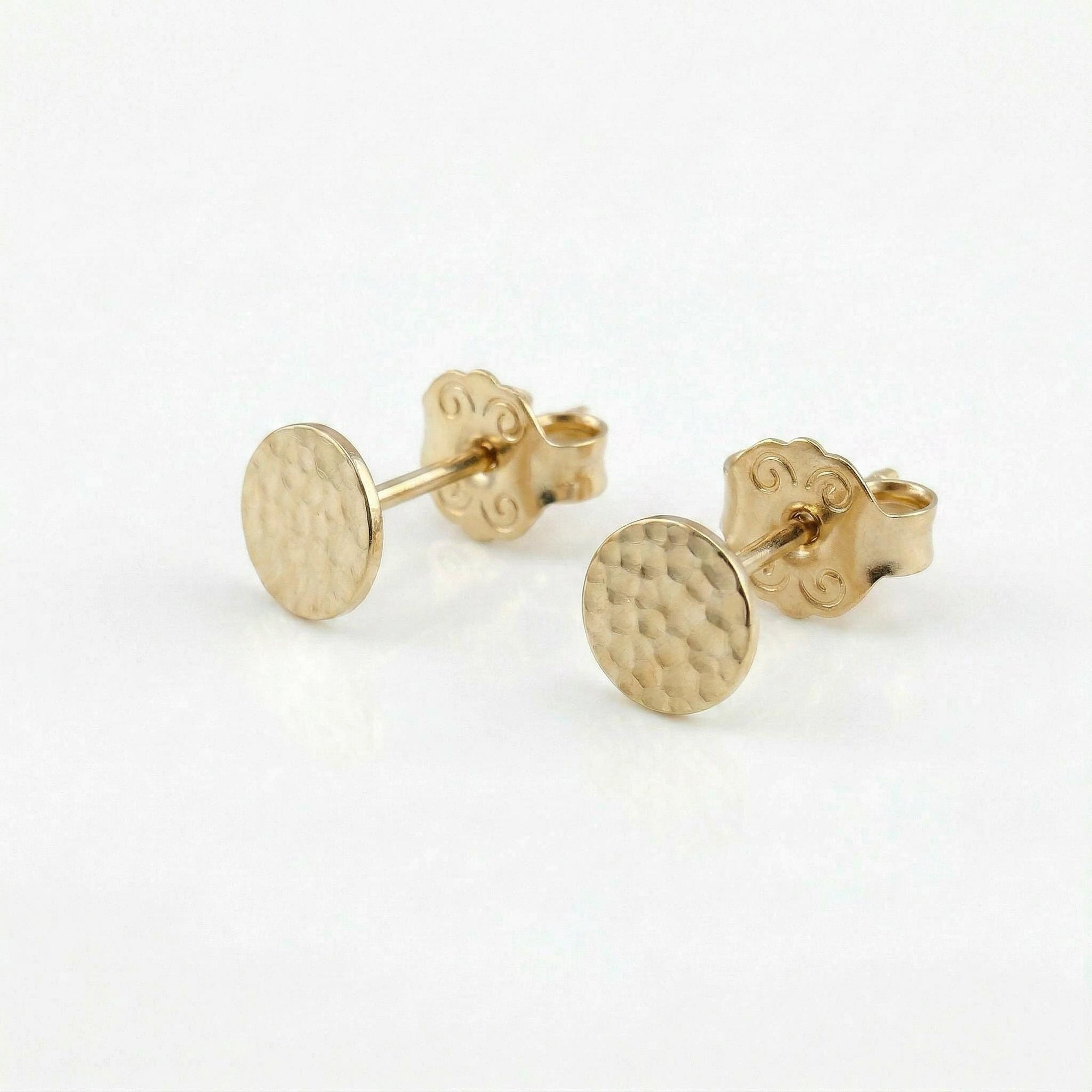 14k Solid Gold Stud Earrings - 4mm Hammered Disc Studs
